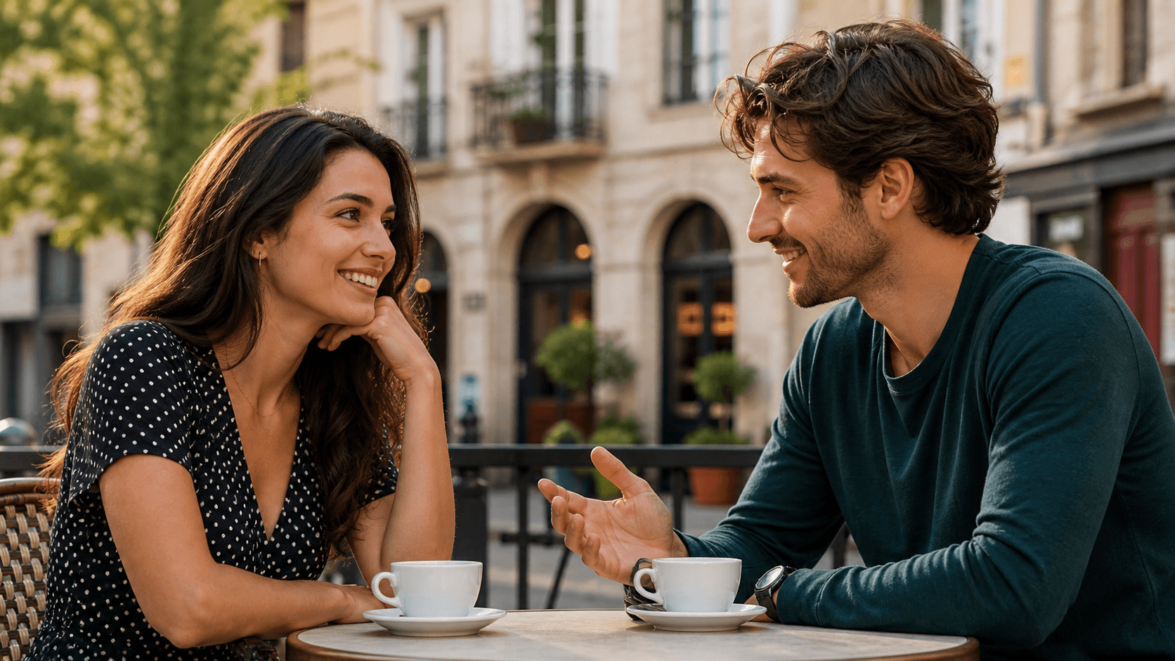A confident woman and an interested man sharing a warm, playful conversation at an outdoor café.