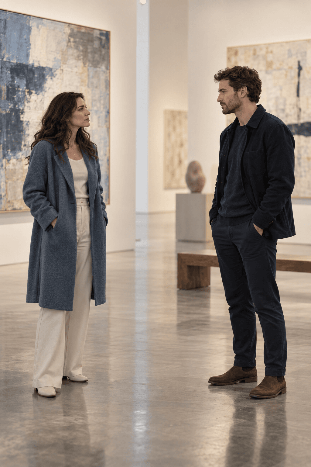 A former couple having a calm conversation after a painful breakup in an art gallery