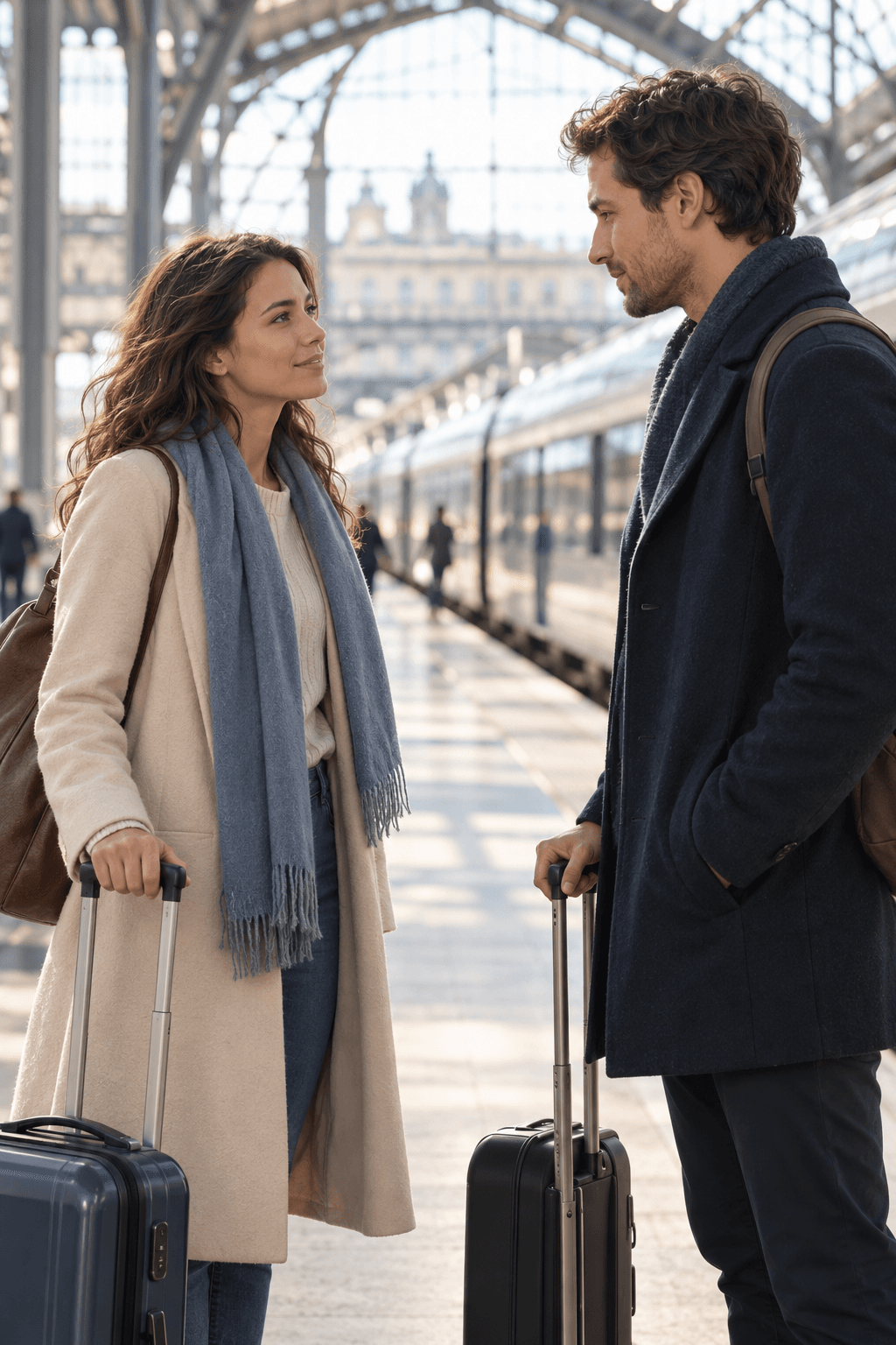 A former long-distance couple meeting for a thoughtful conversation at a train station