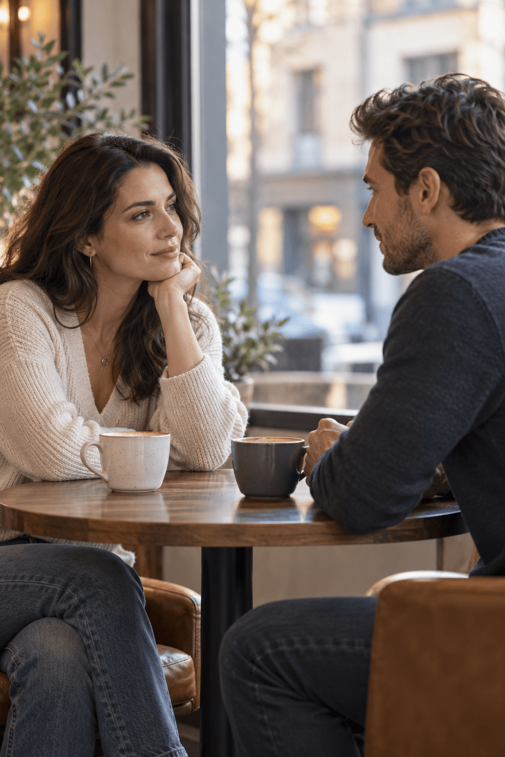 A former couple having a calm and sincere conversation over coffee after a breakup