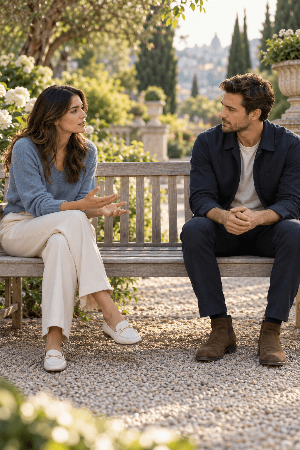 A former couple having a sincere conversation with respectful space between them