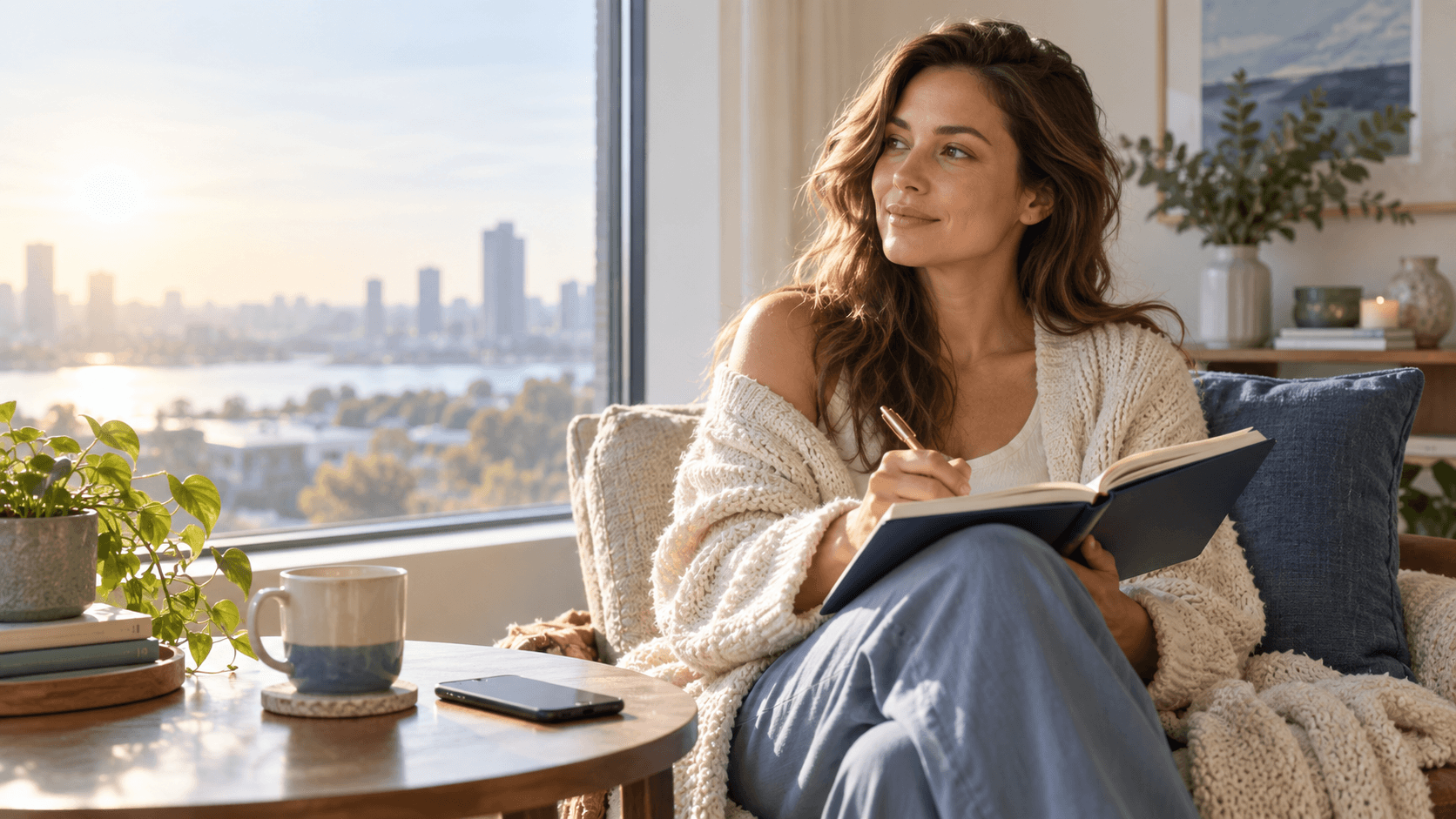A calm woman journaling by a bright window while reflecting after a breakup