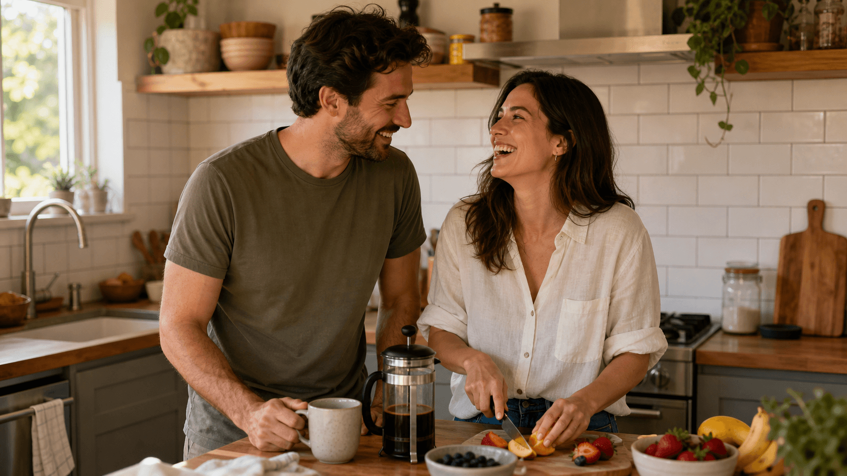 A happy couple sharing an easy laugh while preparing breakfast together in a warm home kitchen