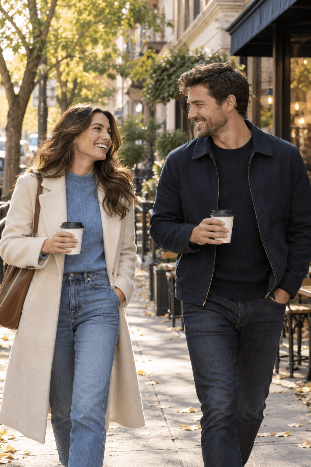 A former couple rediscovering lightness and attraction during a relaxed coffee walk