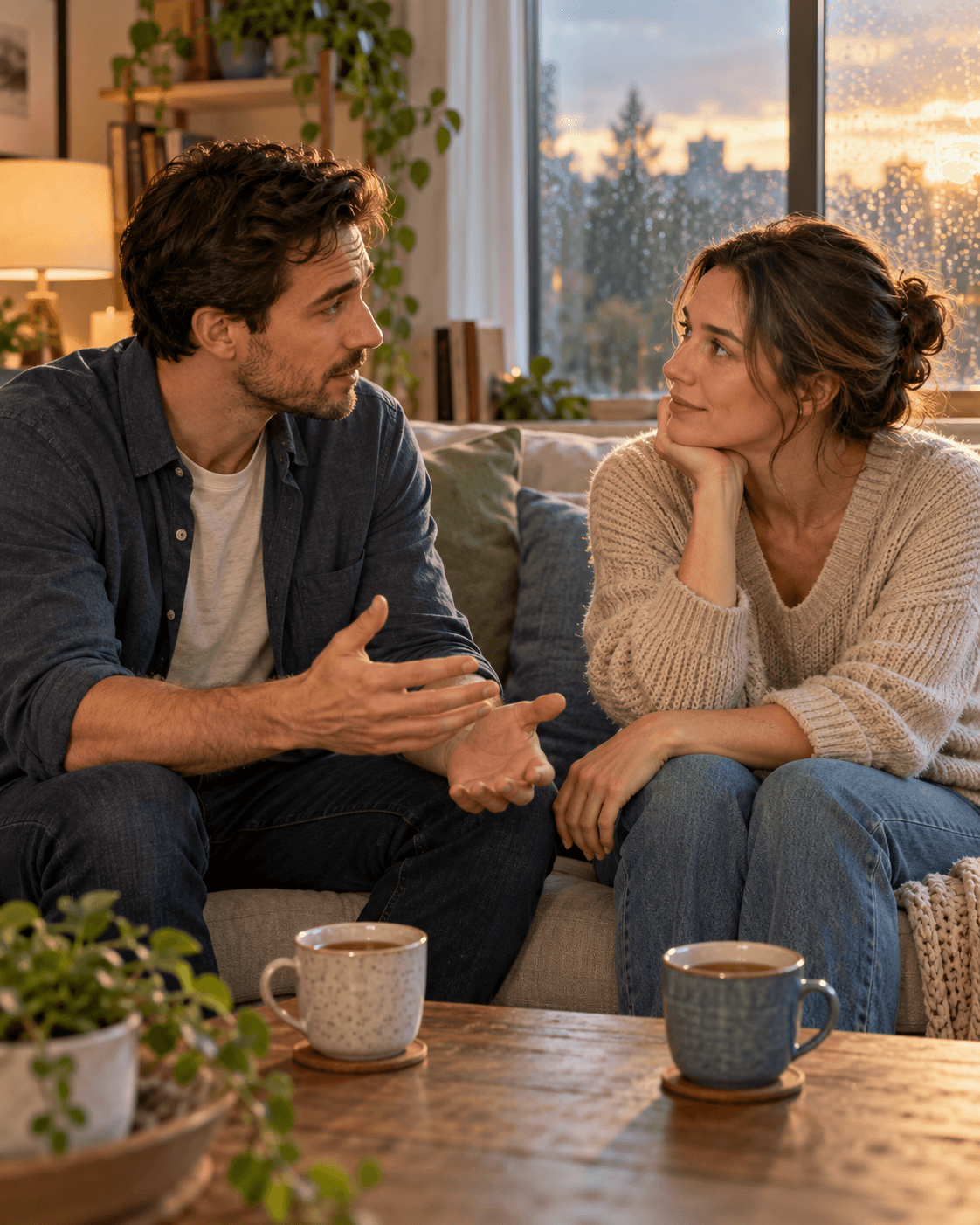 A couple reconnects through a calm conversation after an argument