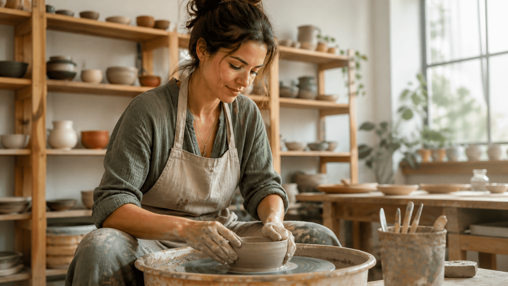 A confident woman reconnects with her creativity while shaping a clay bowl in a peaceful pottery studio.