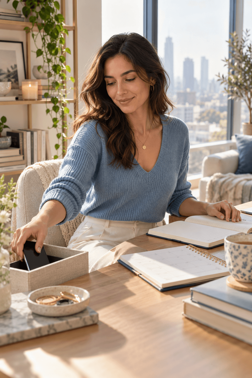 A calm woman putting away her phone and redirecting attention to her own plans after a breakup