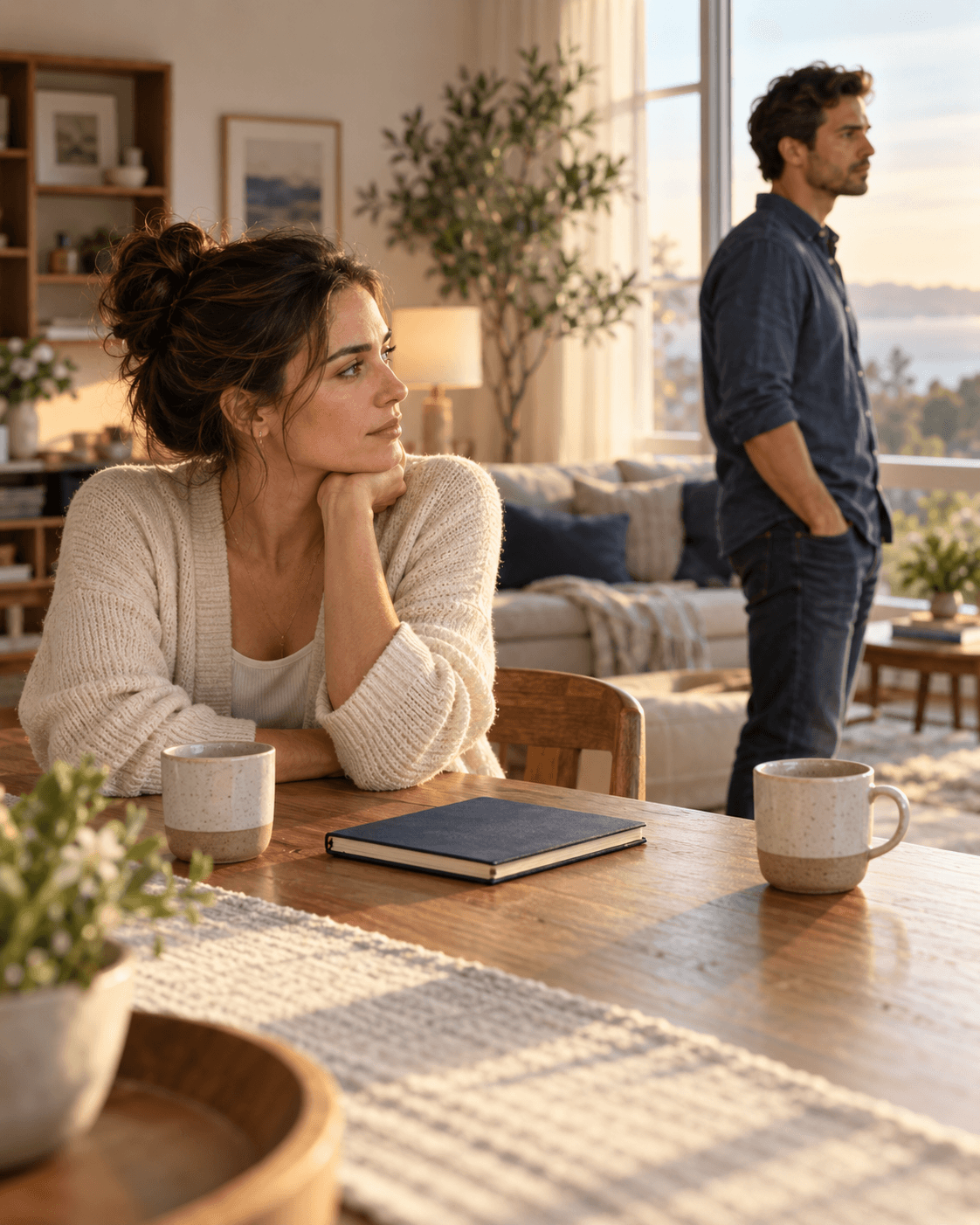 A thoughtful couple considers the future of their relationship in a quiet living room