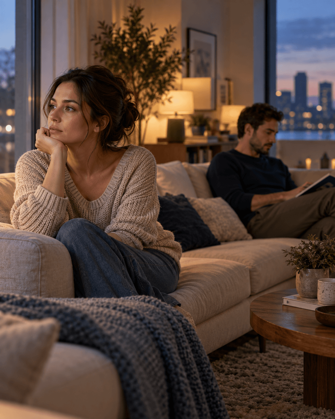 A thoughtful woman and her emotionally distant partner sit apart on a sofa at dusk