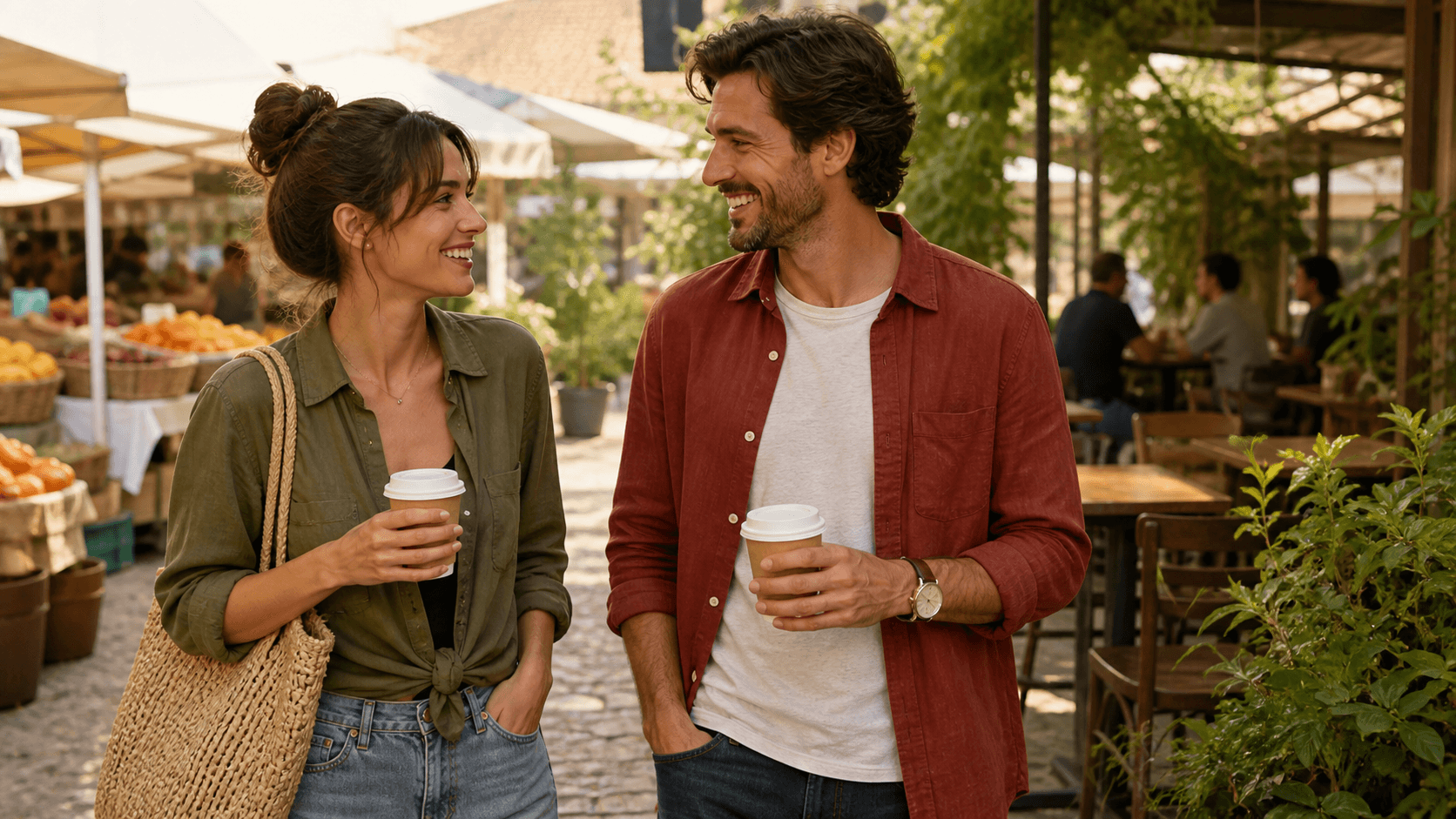 A confident woman and an attentive man sharing playful eye contact while walking through a sunny weekend market