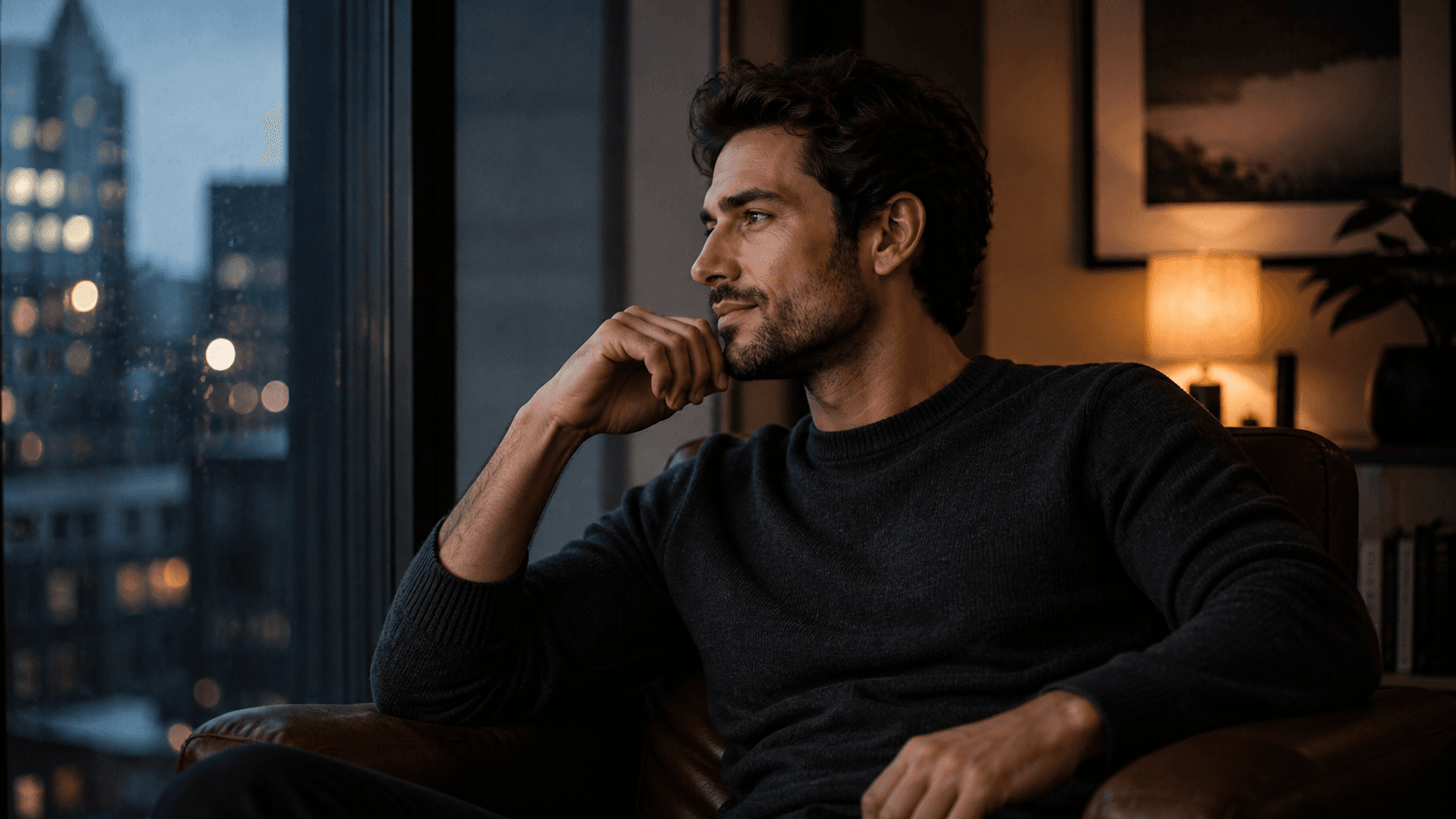 Thoughtful man smiling softly beside an apartment window at blue hour