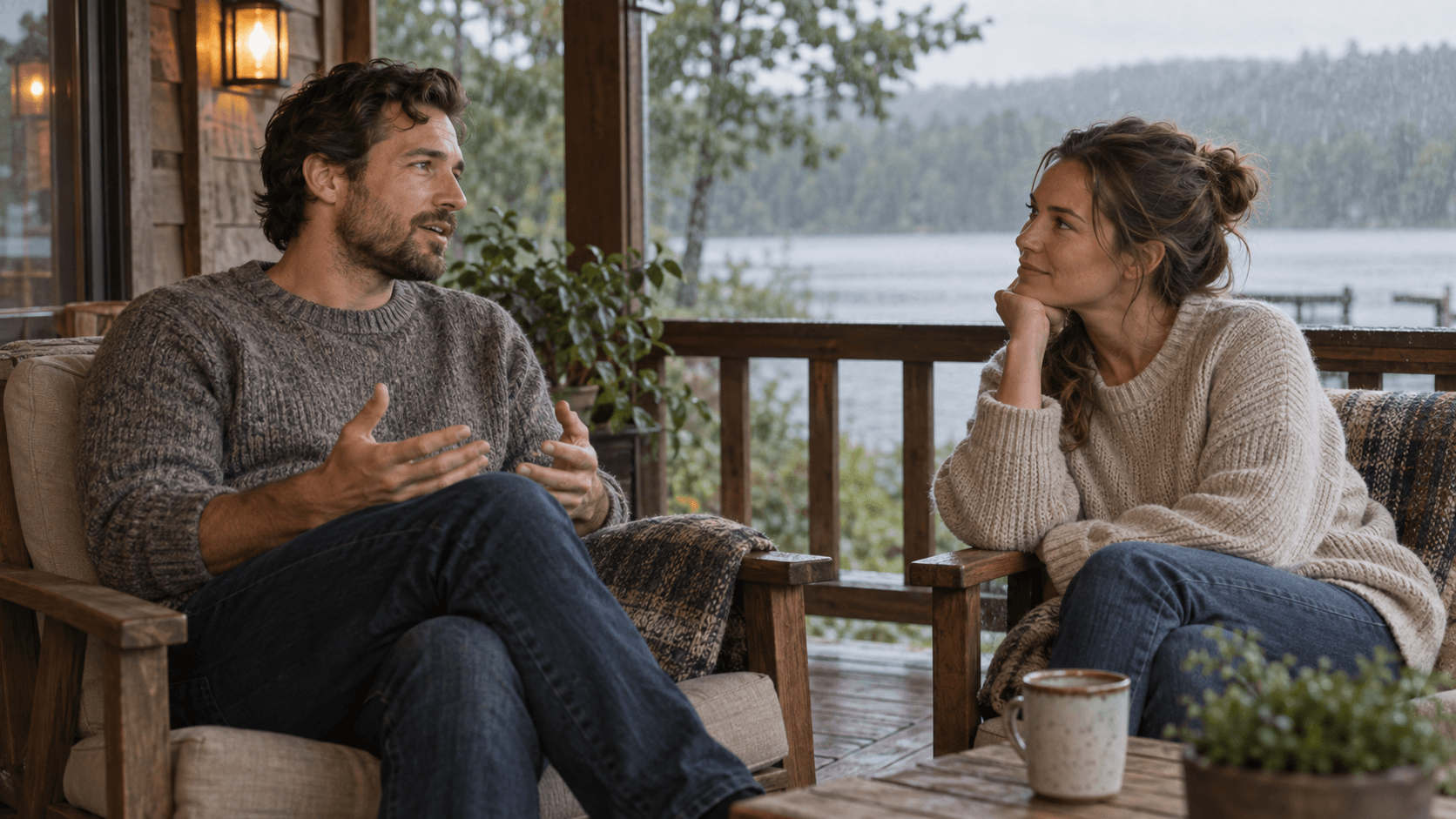 Woman listening attentively as a man speaks on a quiet lakeside cabin porch