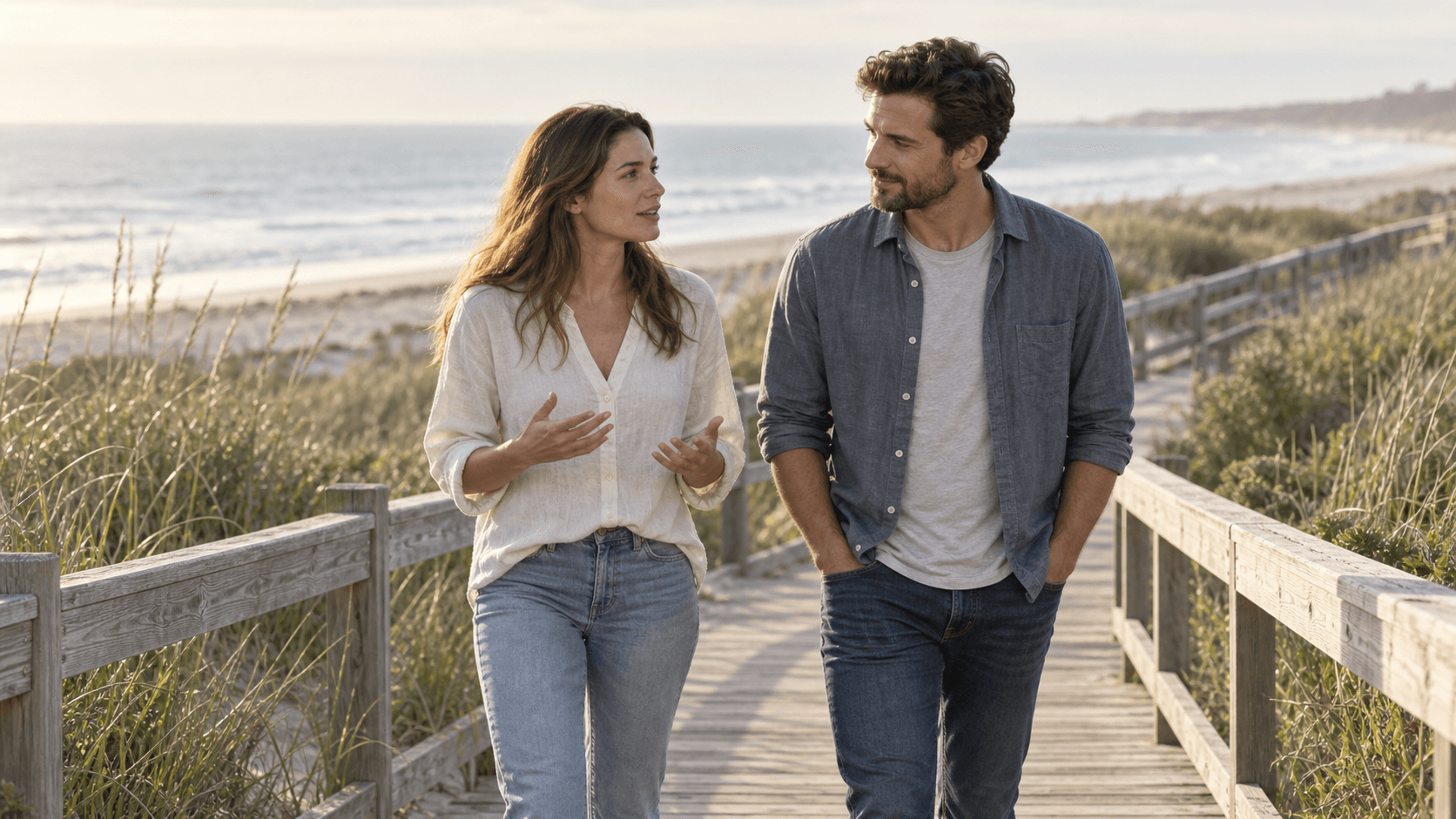 Man listening attentively to a woman while they walk along a coastal boardwalk