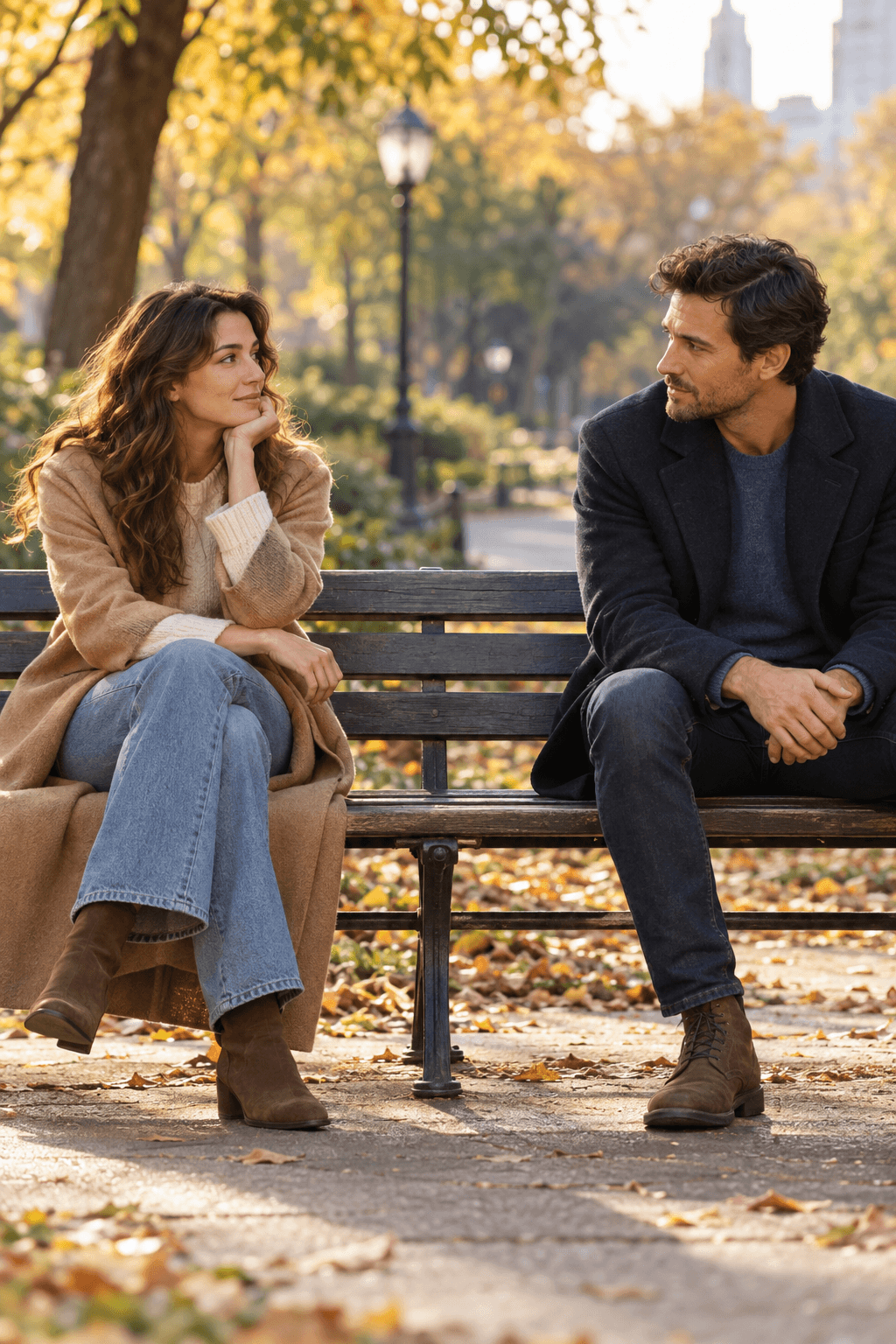 A former couple sitting apart on a park bench with warmth and uncertainty between them