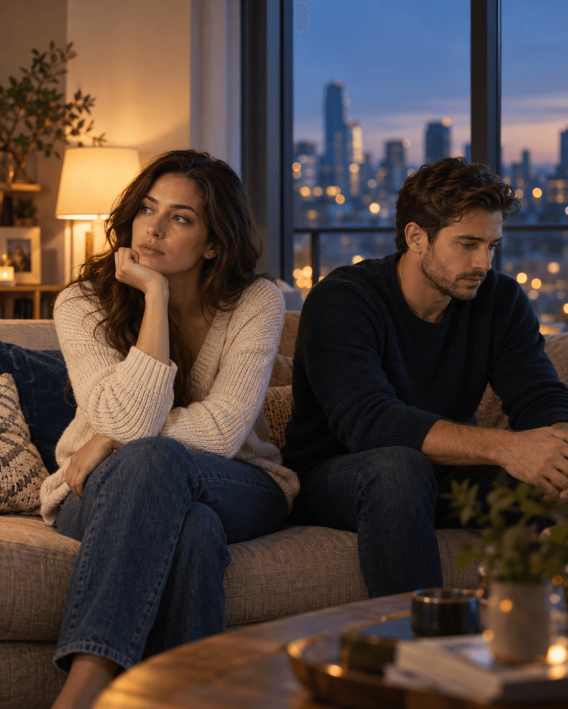 A thoughtful couple sitting apart on a sofa while trying to understand emotional distance