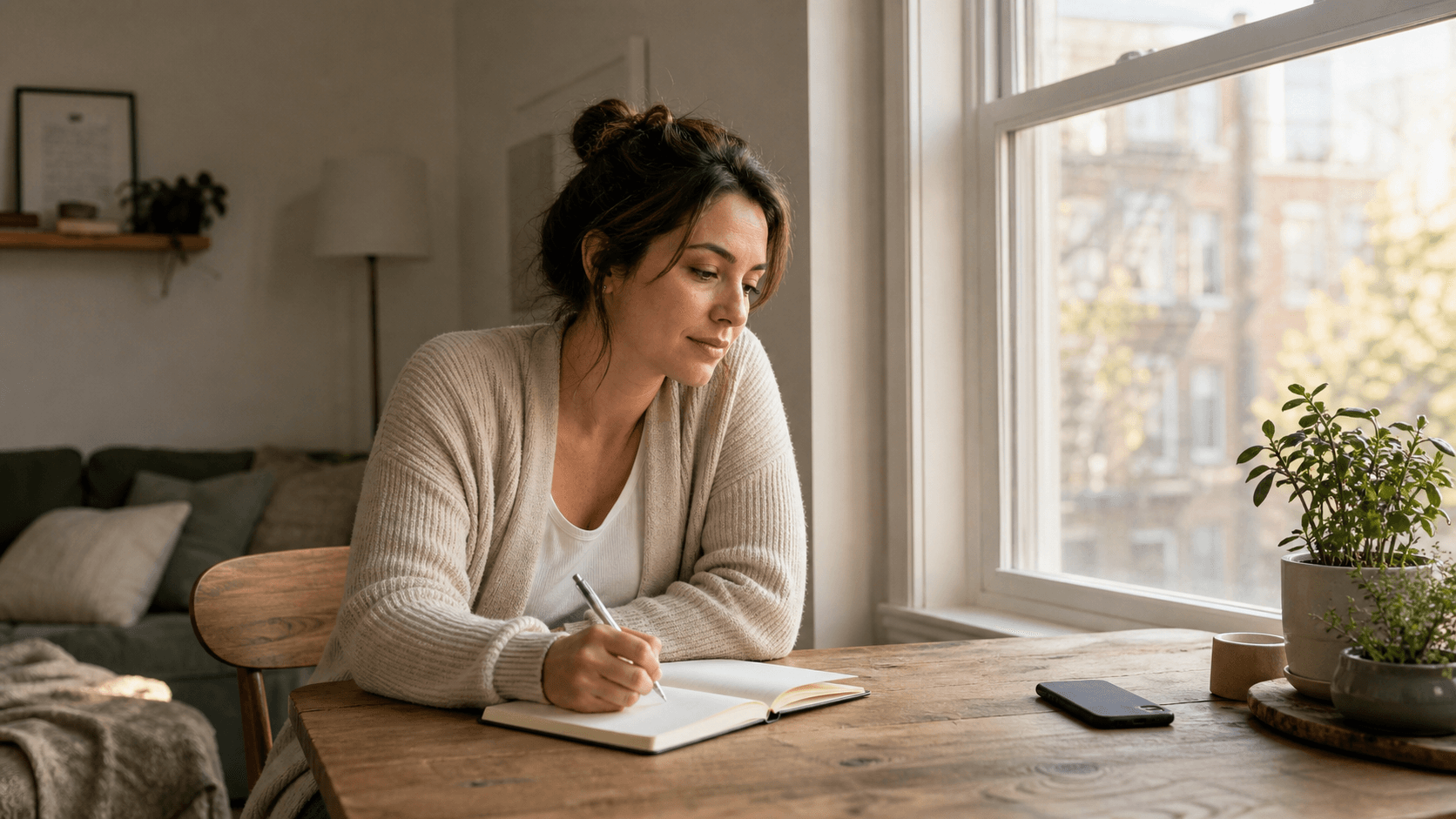 A thoughtful woman writes in a notebook beside a face-down phone, choosing reflection during no contact.