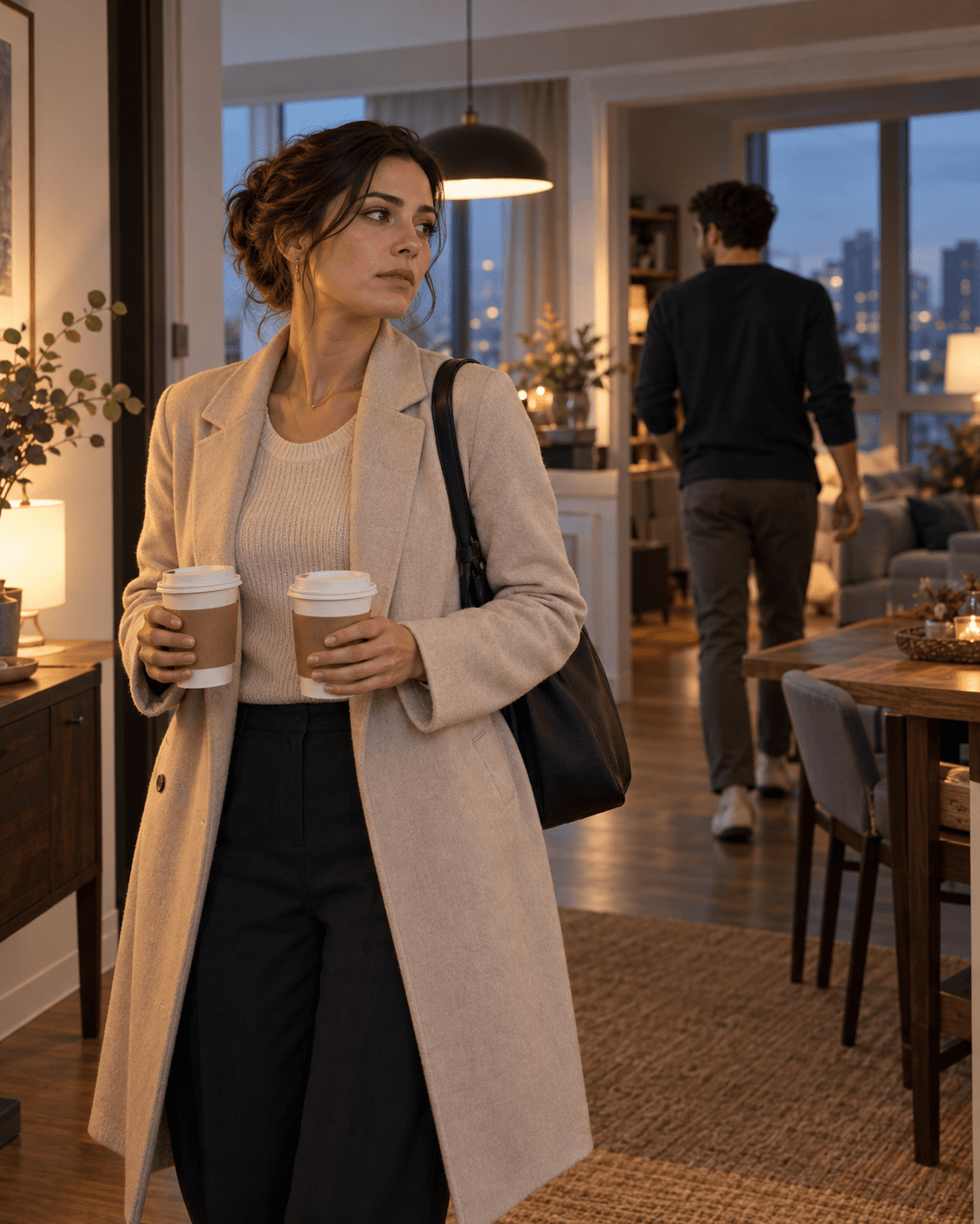 A woman holds two coffees while her partner walks away inside their apartment
