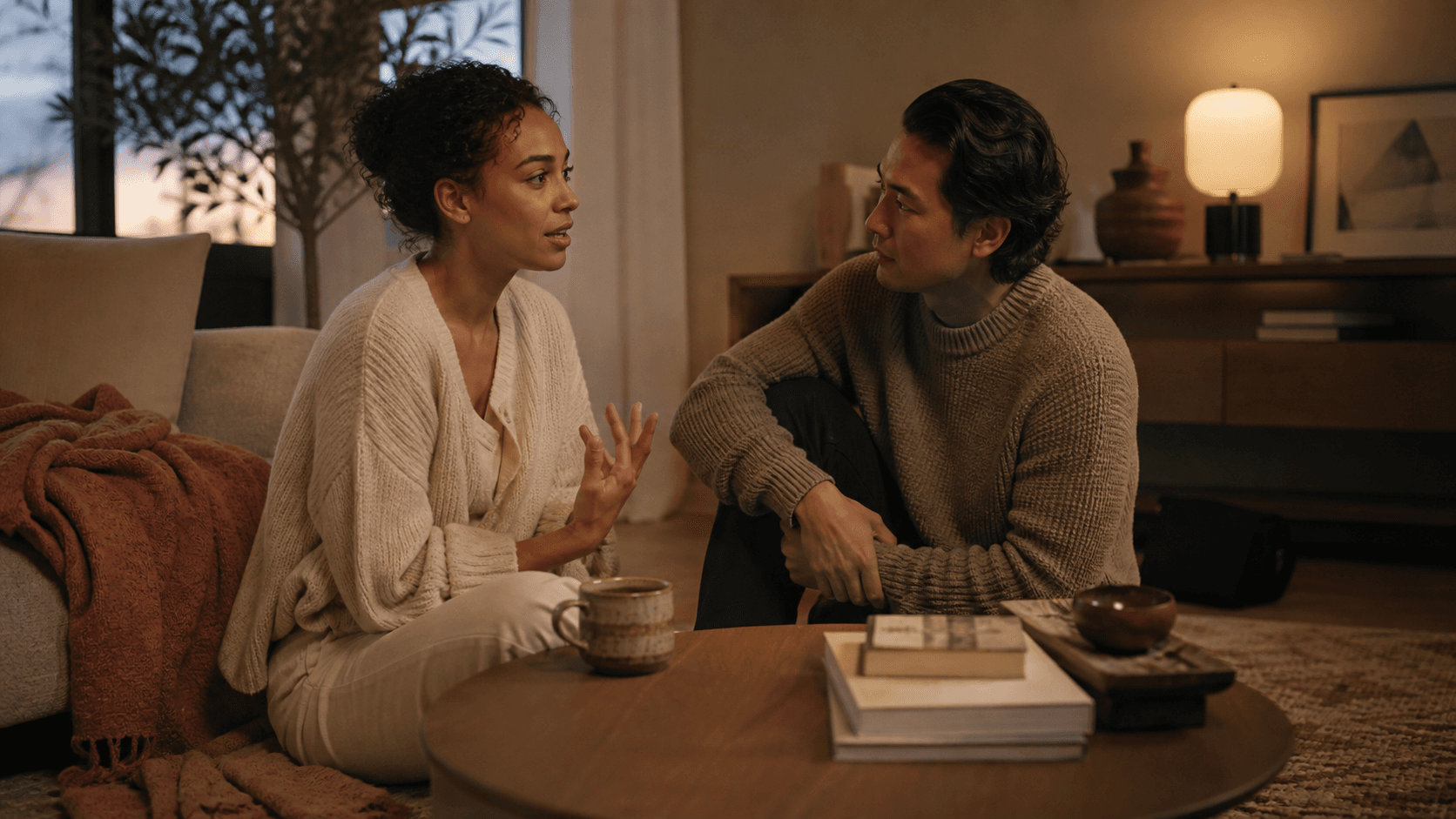 A couple sitting together at home during a warm, emotionally open evening conversation