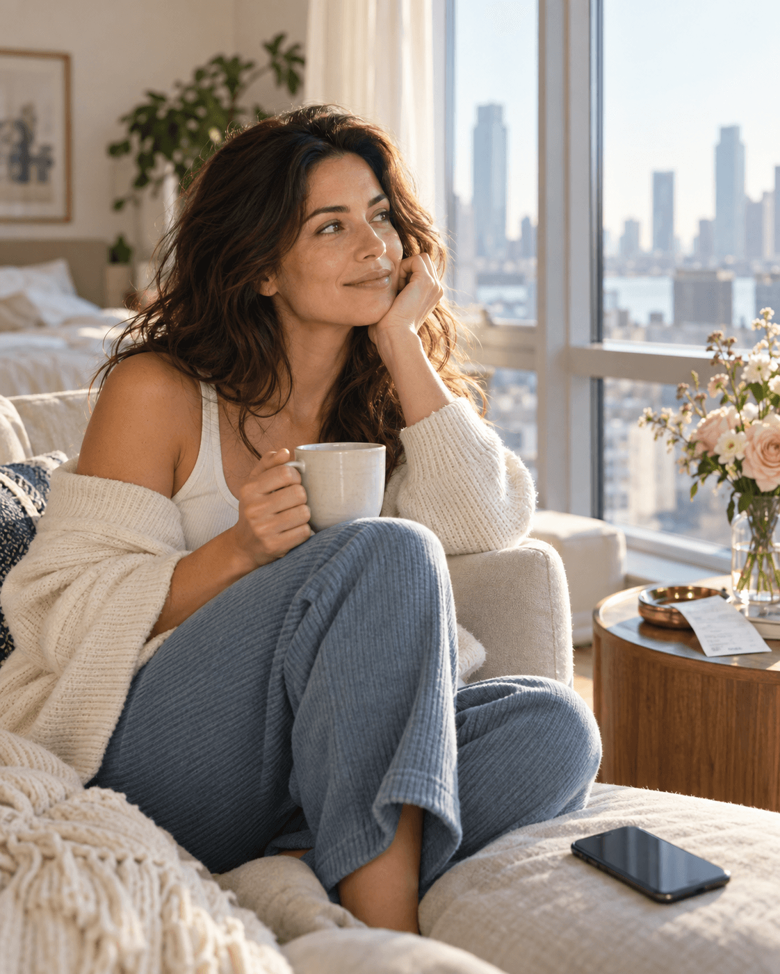 A woman remembers a promising date while calmly waiting to see whether the connection continues