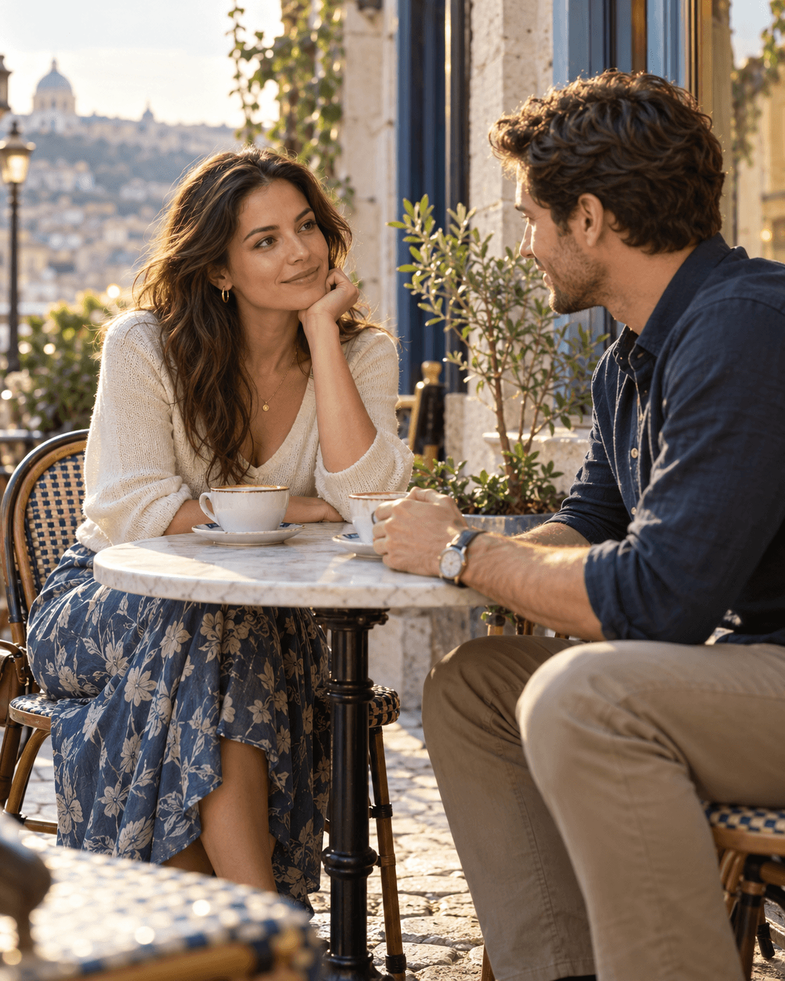A grounded woman has a relaxed first coffee date after taking time to heal