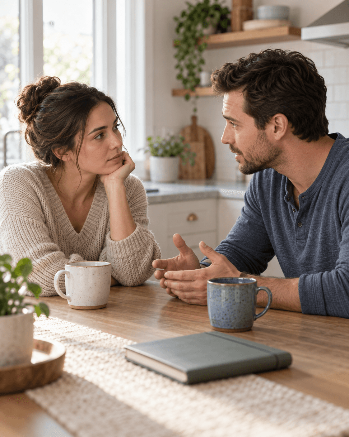 A couple has a calm and serious conversation across a kitchen table