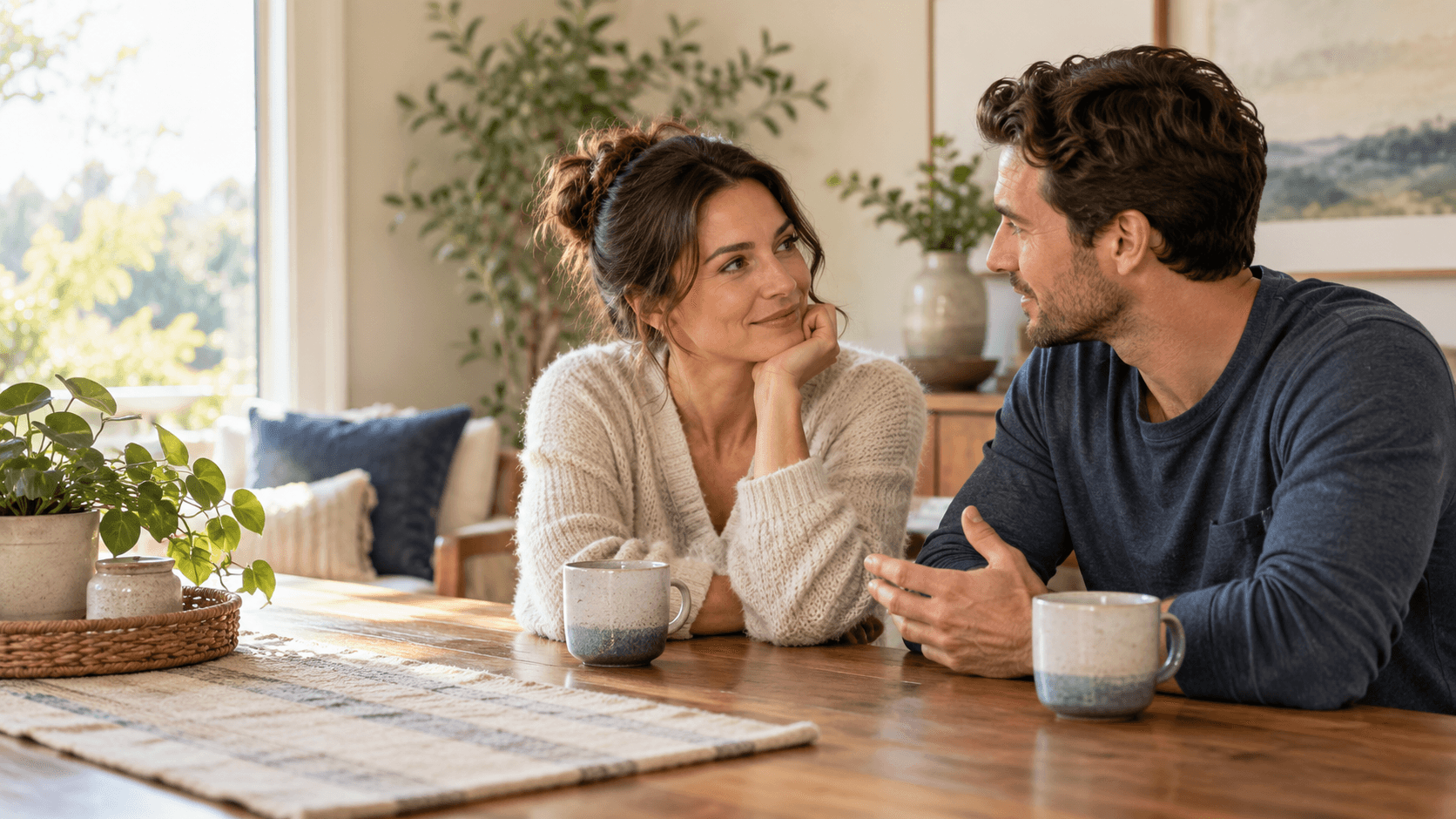 A reconciled couple having a calm and attentive conversation while rebuilding trust