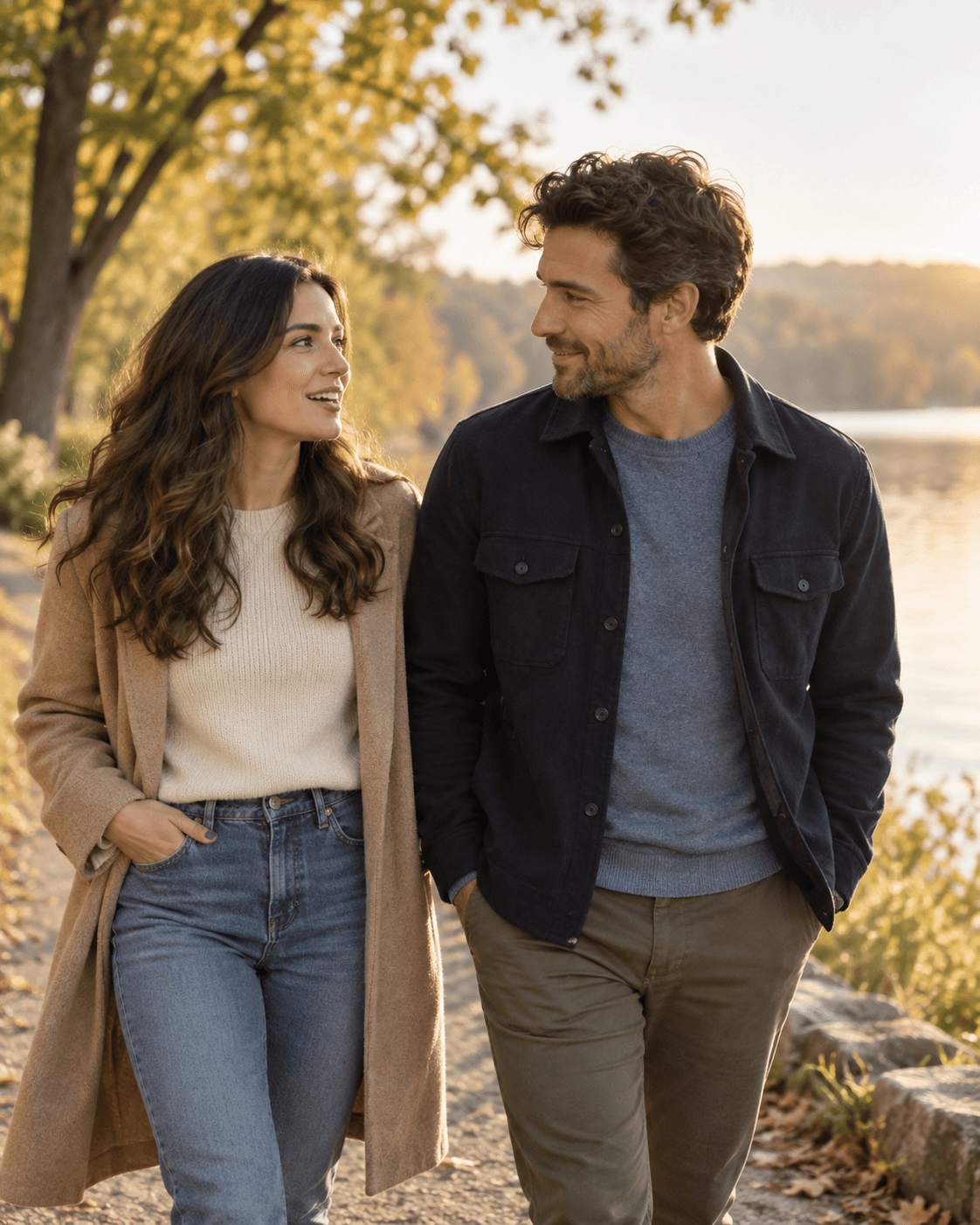 A couple reconnects through a warm conversation while walking beside a lake
