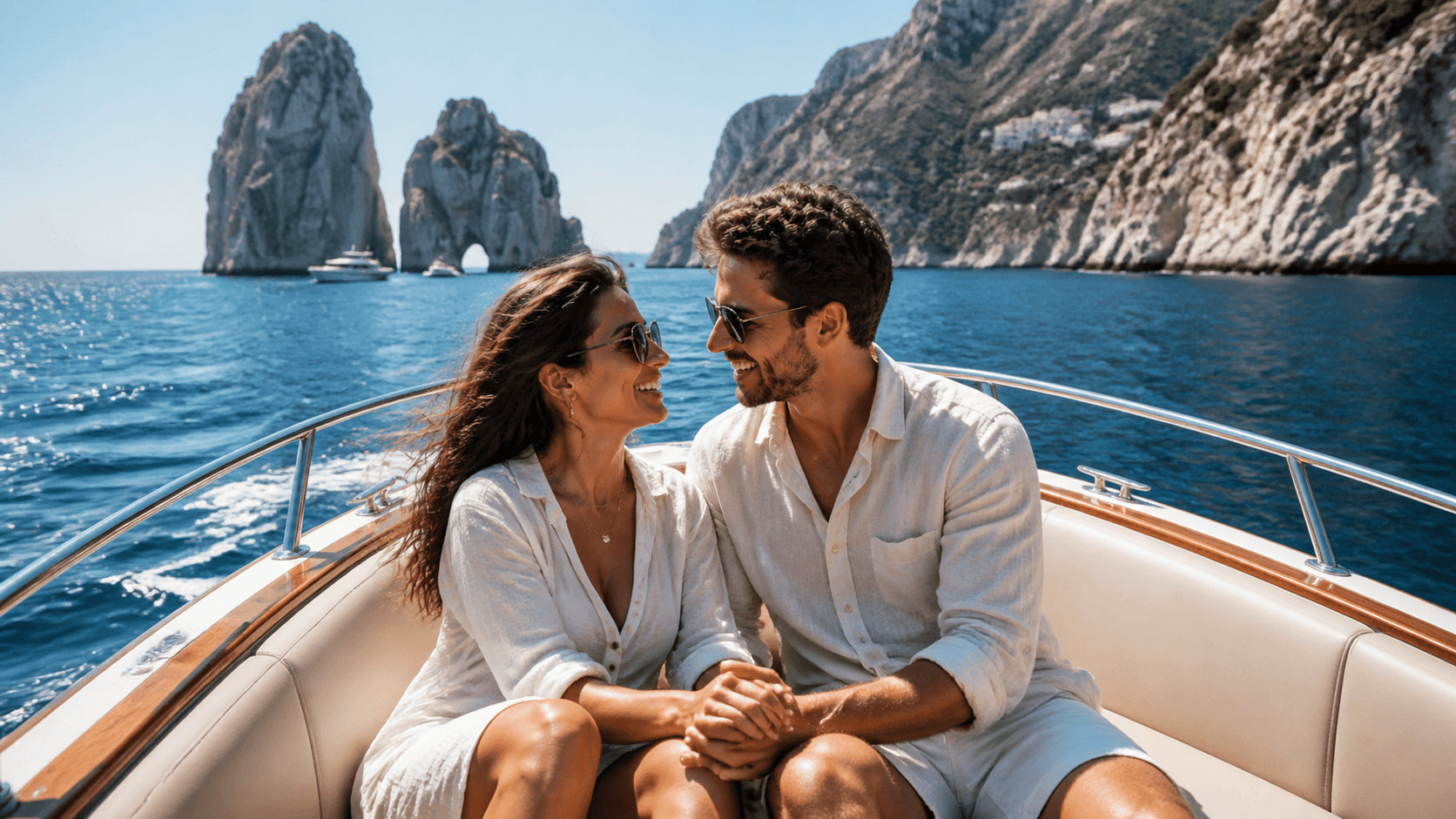 Happy couple holding hands on a small boat beside dramatic Mediterranean cliffs