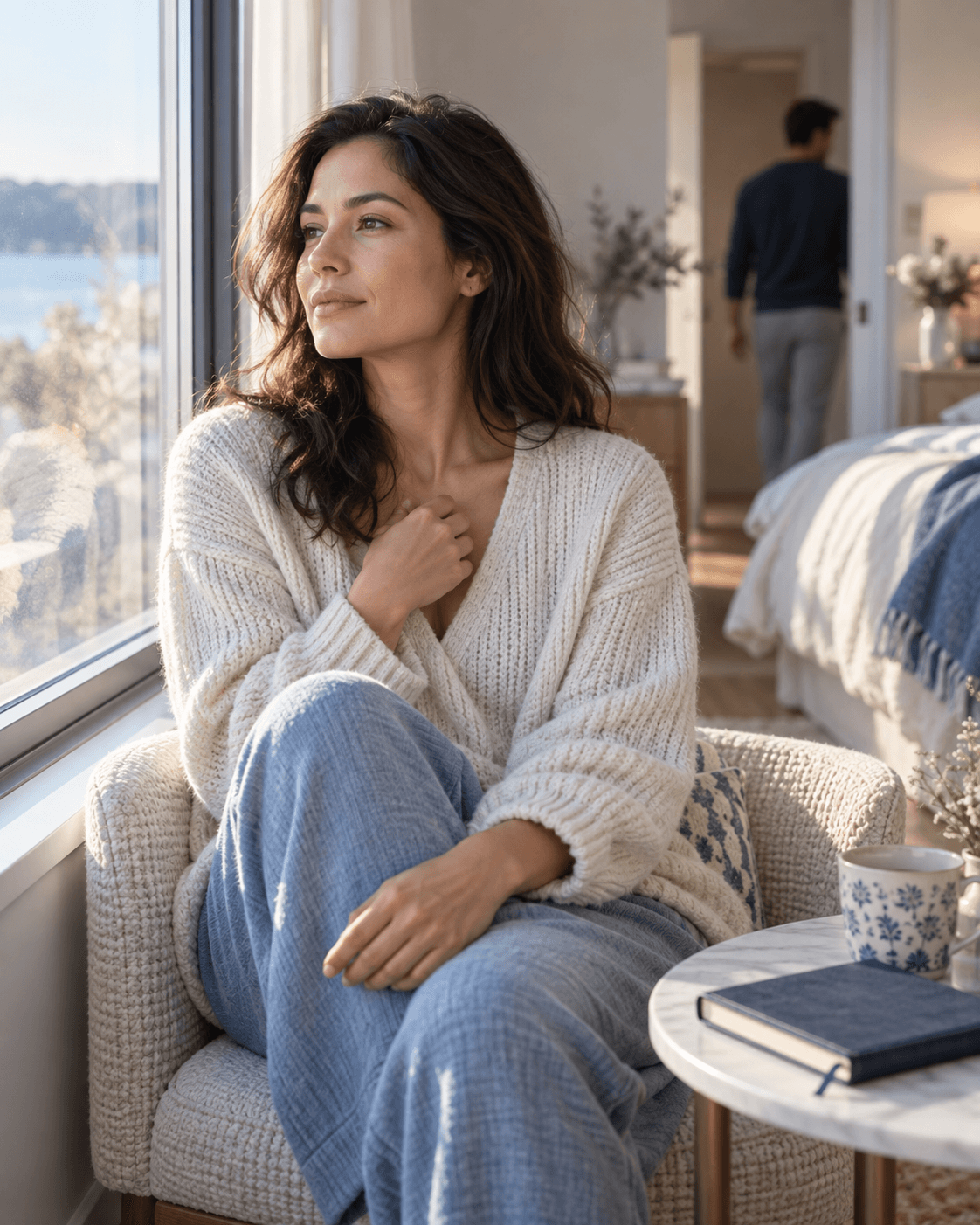 A reflective woman sits by a bright window while her partner leaves the room in the background