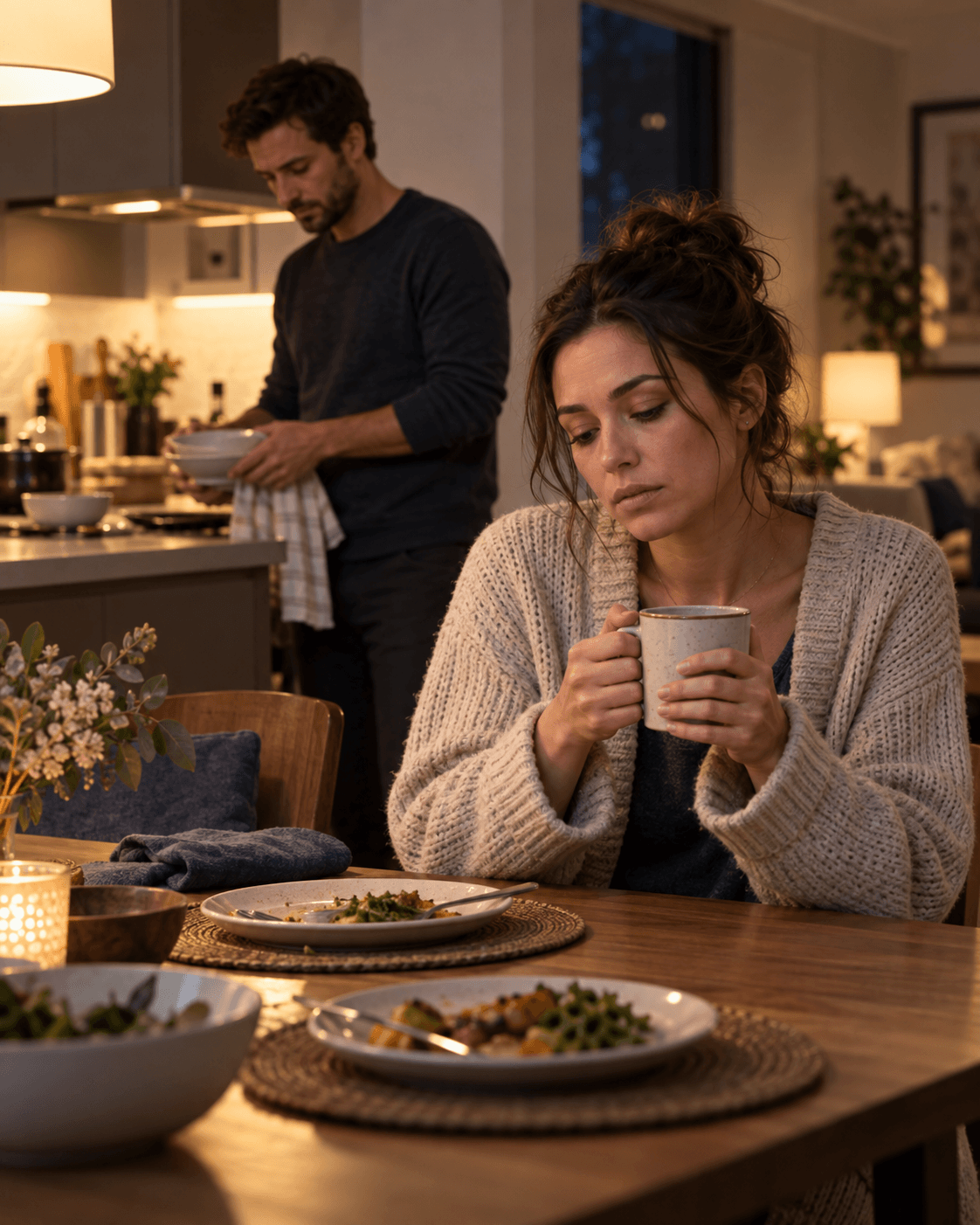 An emotionally exhausted woman sits at the dinner table while her concerned partner tidies nearby