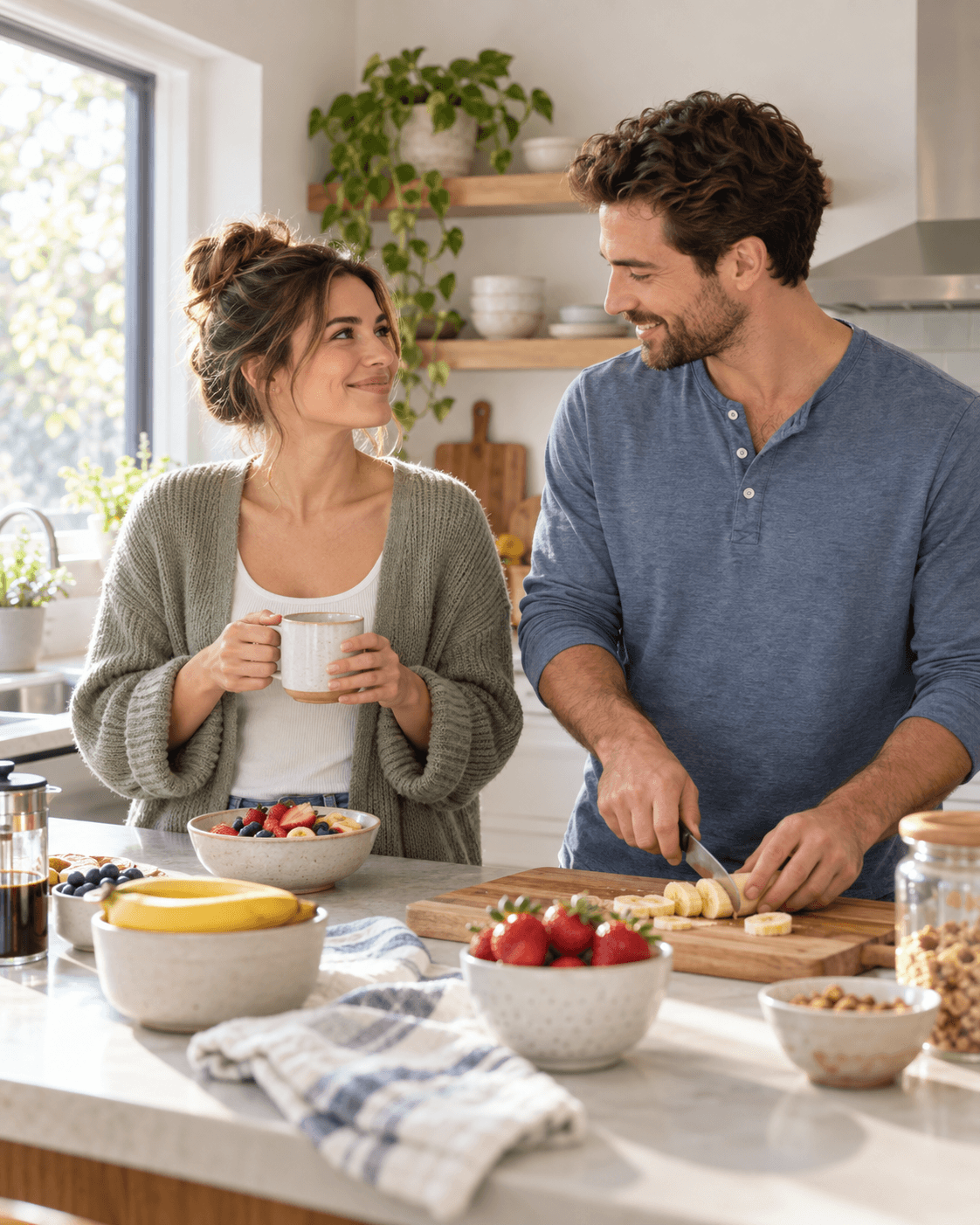 A relaxed couple shares a warm moment while preparing breakfast together