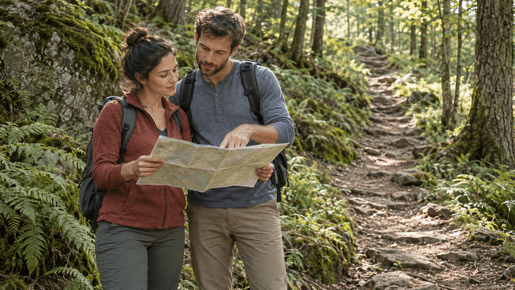 Couple studying a hiking map together on a wooded trail