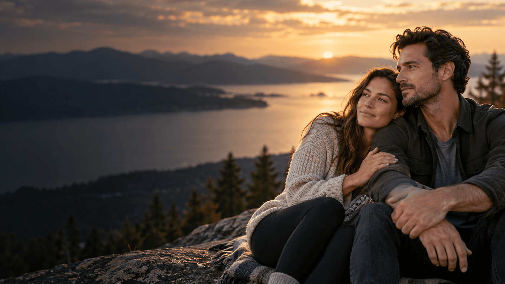 A couple sharing a calm and connected moment overlooking a lake