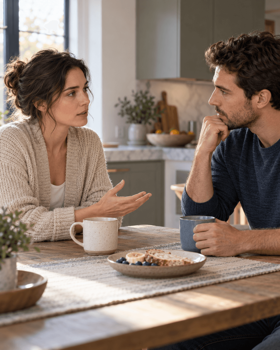 A couple discusses accumulated resentment calmly across a kitchen table