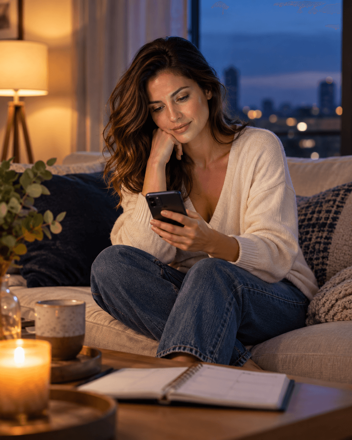 A thoughtful woman reads an affectionate message beside an open calendar with no plans