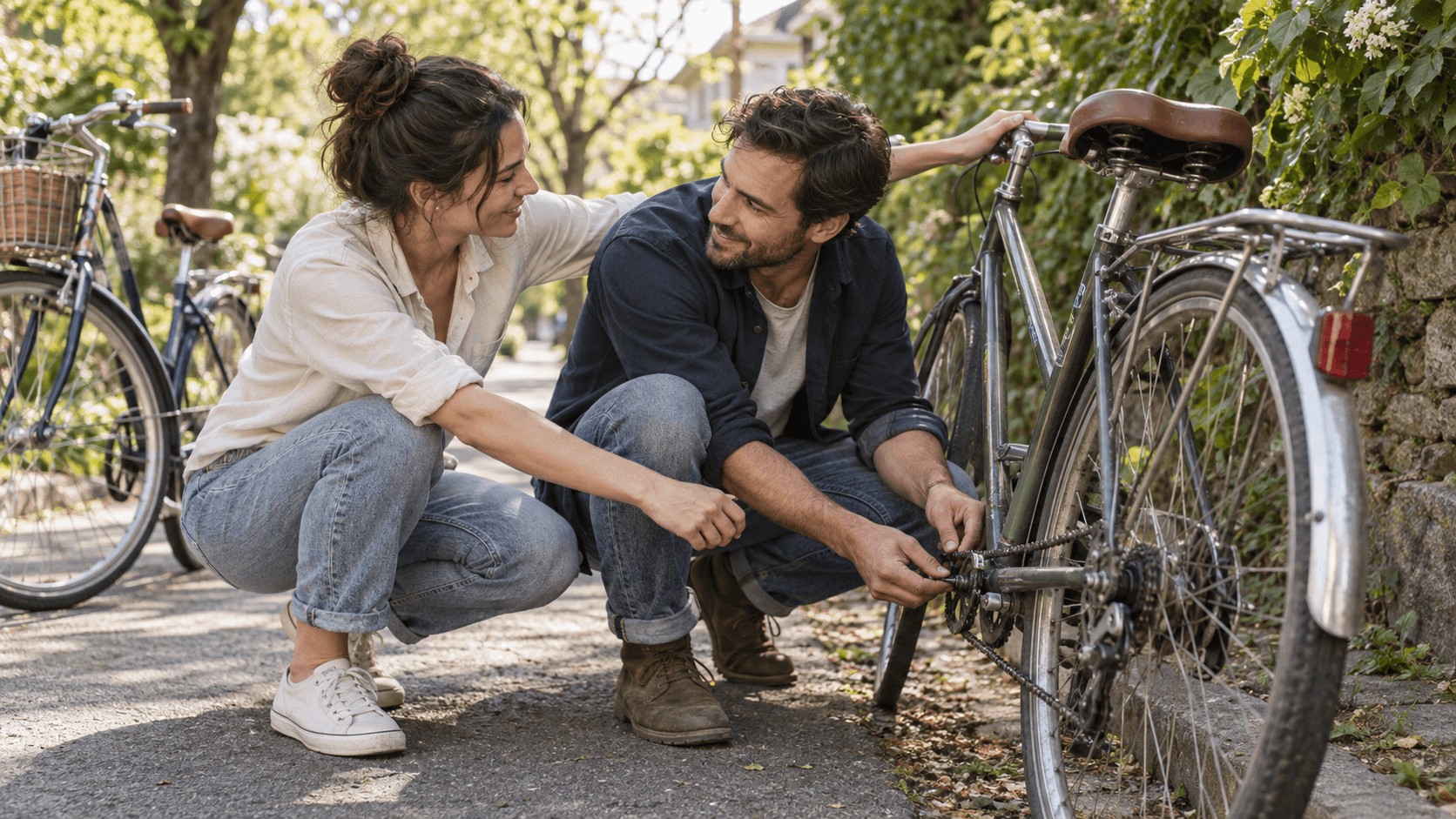 Couple calmly working together to repair a bicycle chain on a sunny path