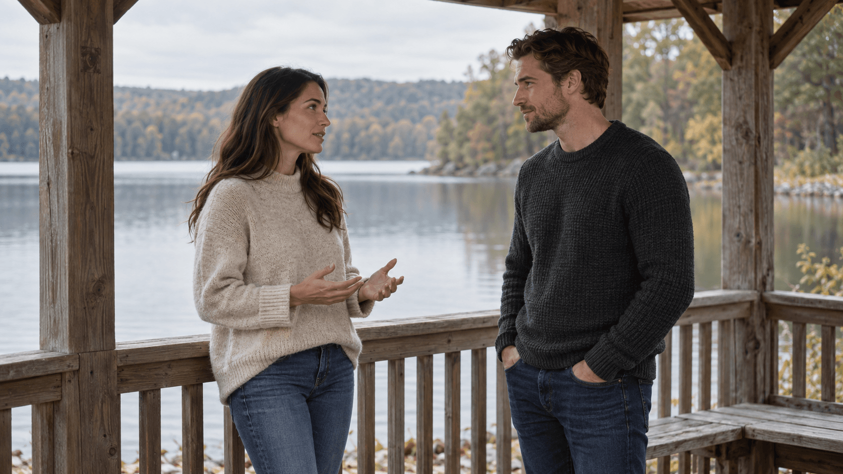 Woman calmly discussing relationship boundaries with a man beside a peaceful lake