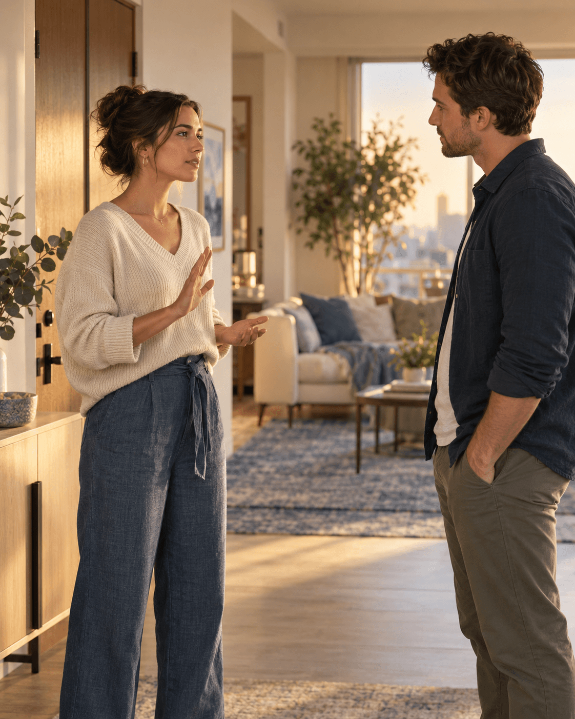 A calm woman communicates a healthy boundary while her partner listens respectfully at home