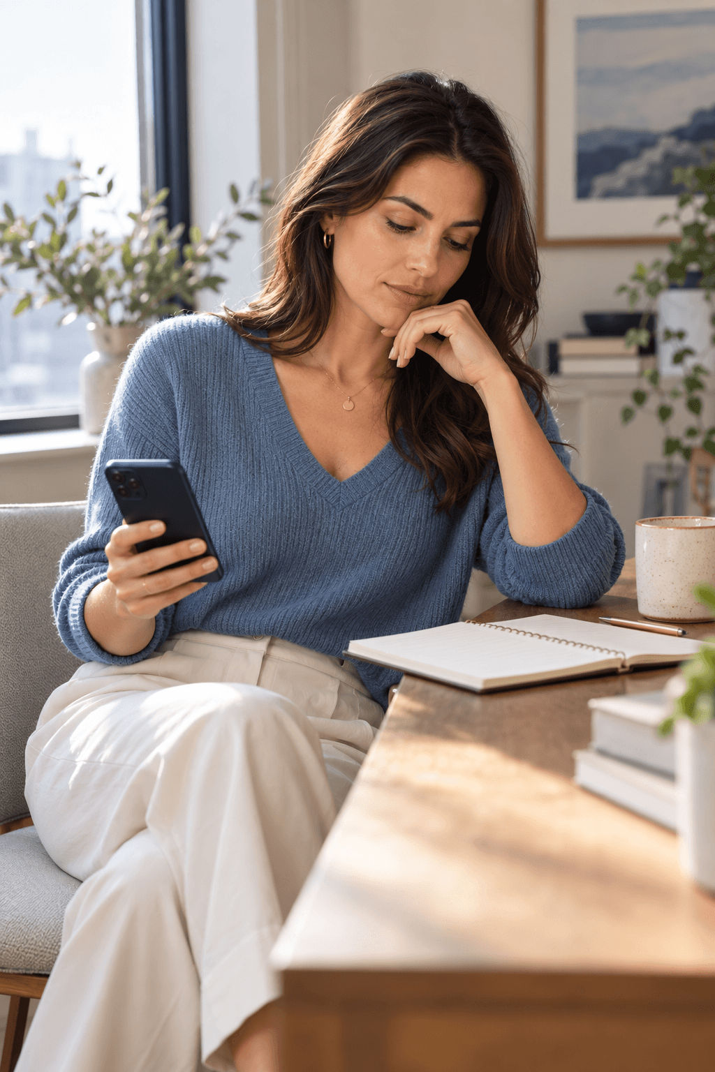 A thoughtful woman deciding whether to block her ex on her phone