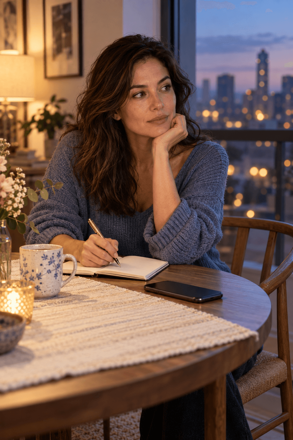 A thoughtful woman writing before deciding whether to text her ex that she misses them