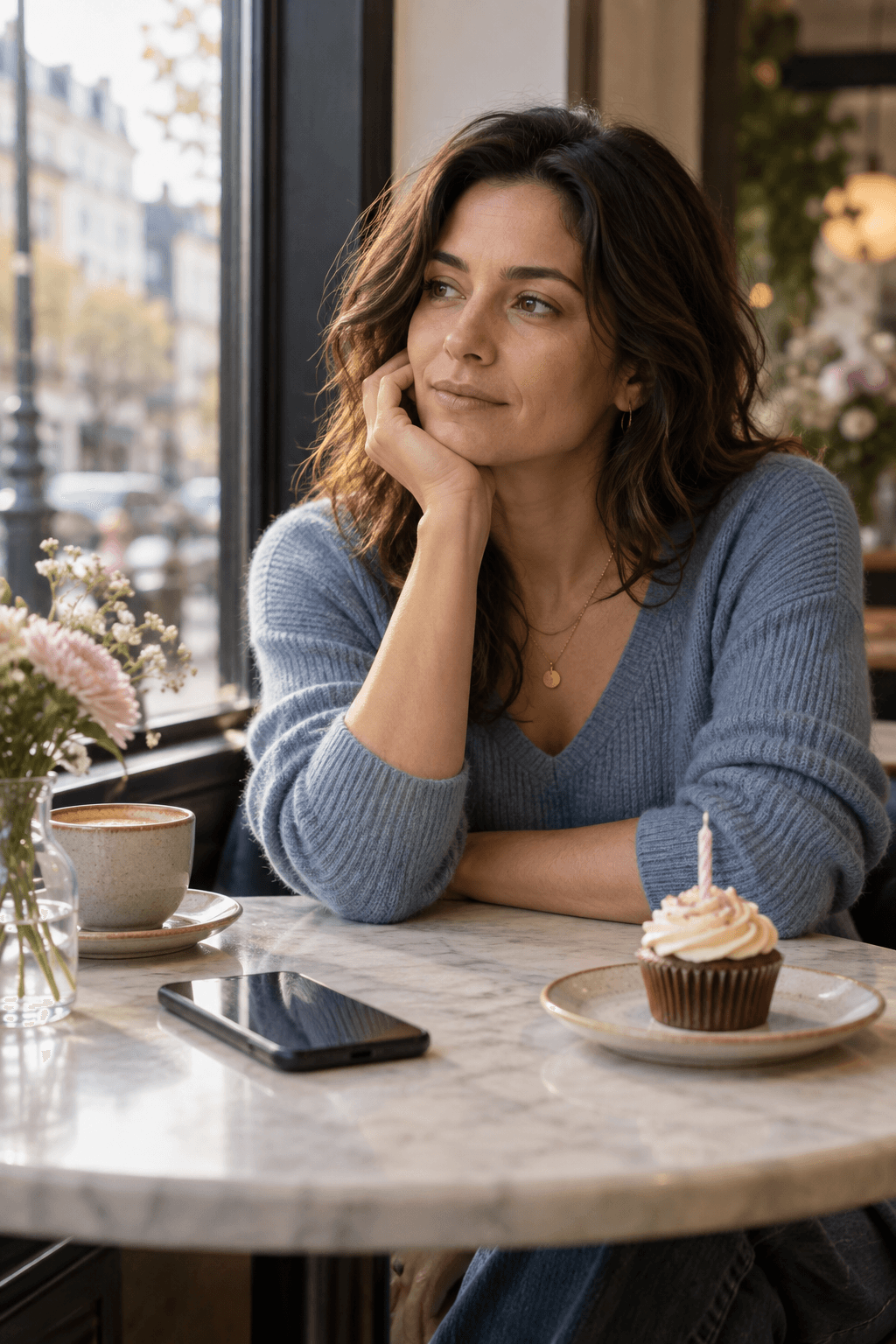 A thoughtful woman deciding whether to send her ex a birthday message