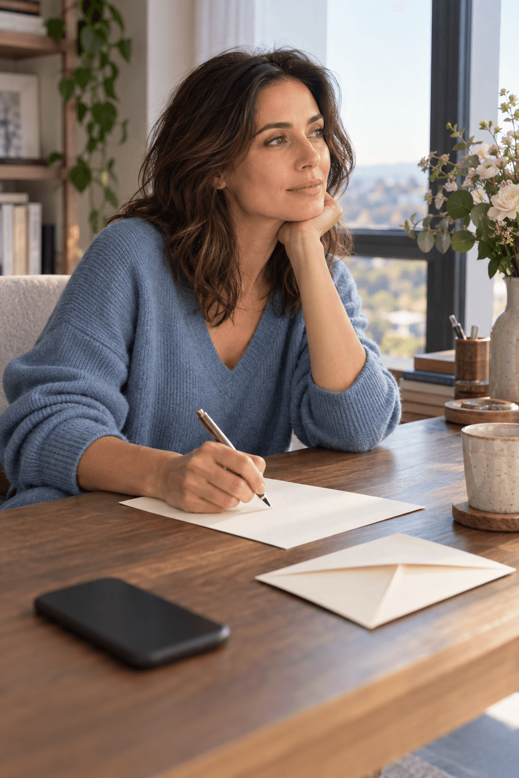 A thoughtful woman writing a letter before deciding whether to send it to her ex