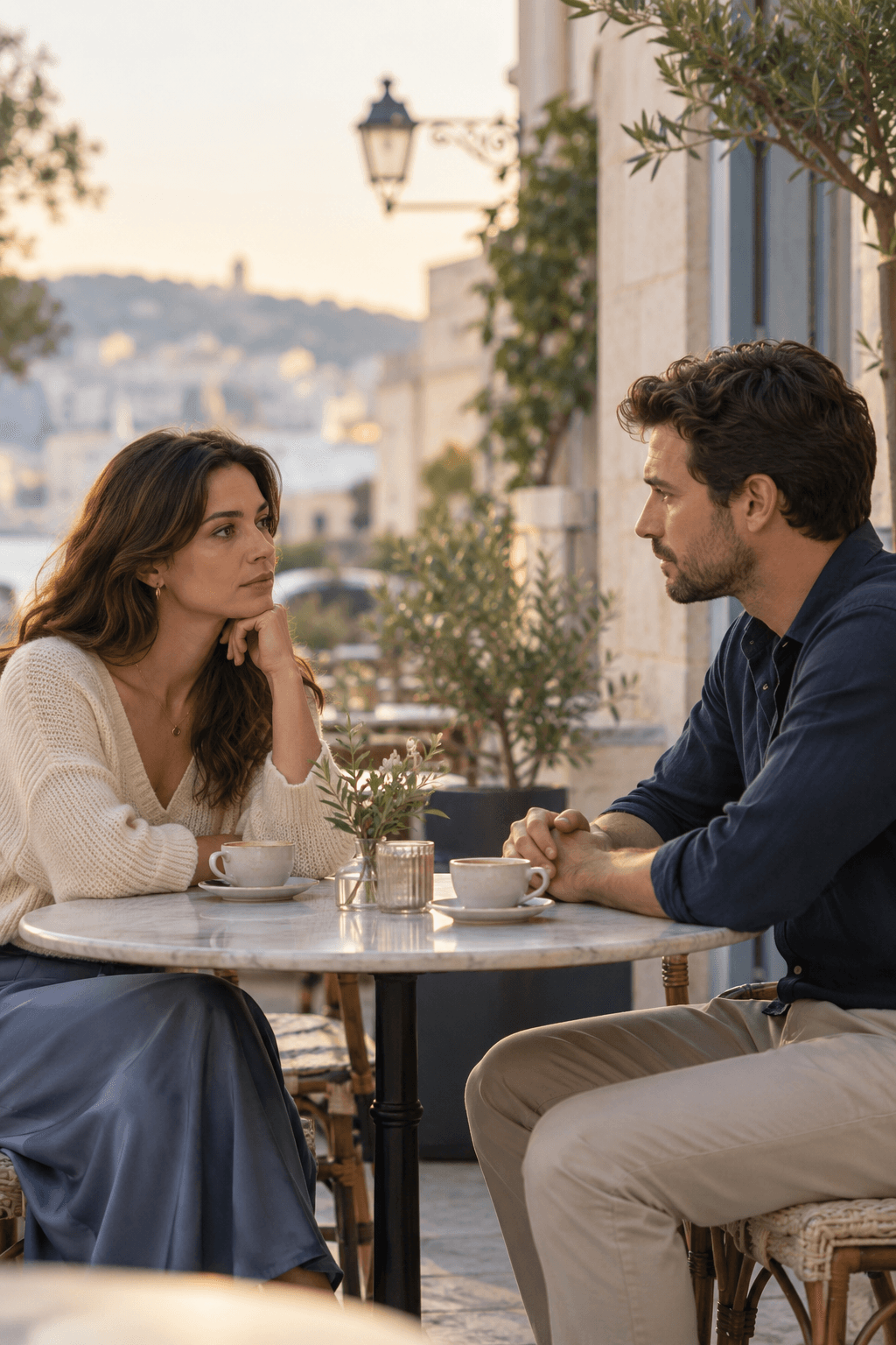 A former couple having a calm and serious closure conversation at a cafe