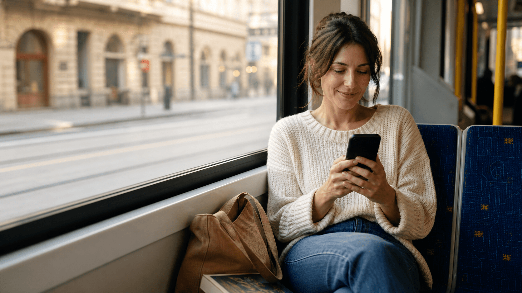 A relaxed woman sends a confident message while continuing her afternoon journey on a city tram.
