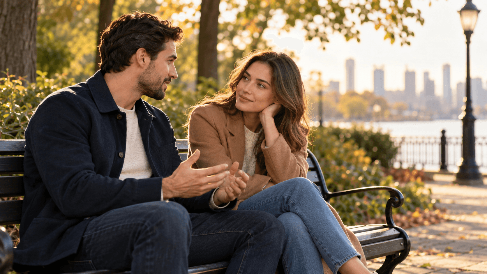 A man speaking openly with a woman during a warm conversation on a park bench
