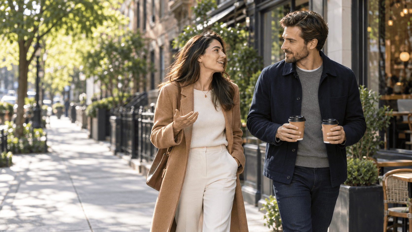 A couple walking together after coffee and having a relaxed attentive conversation