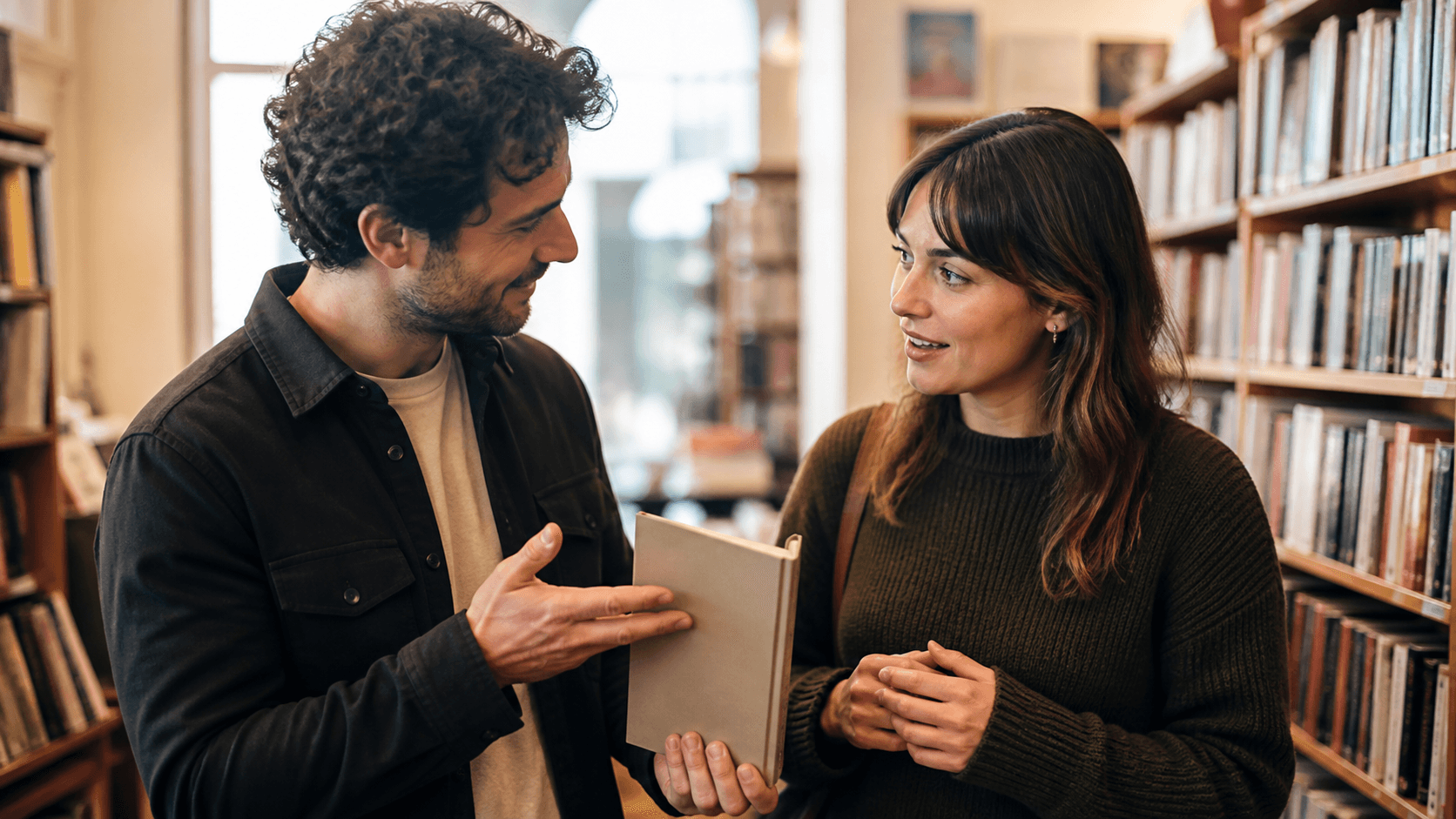 An attentive man recommends a book connected to a woman’s interests during a warm early-date conversation.