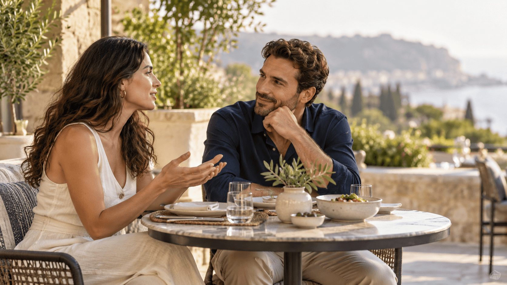 A man listening attentively while his partner speaks during a relaxed conversation