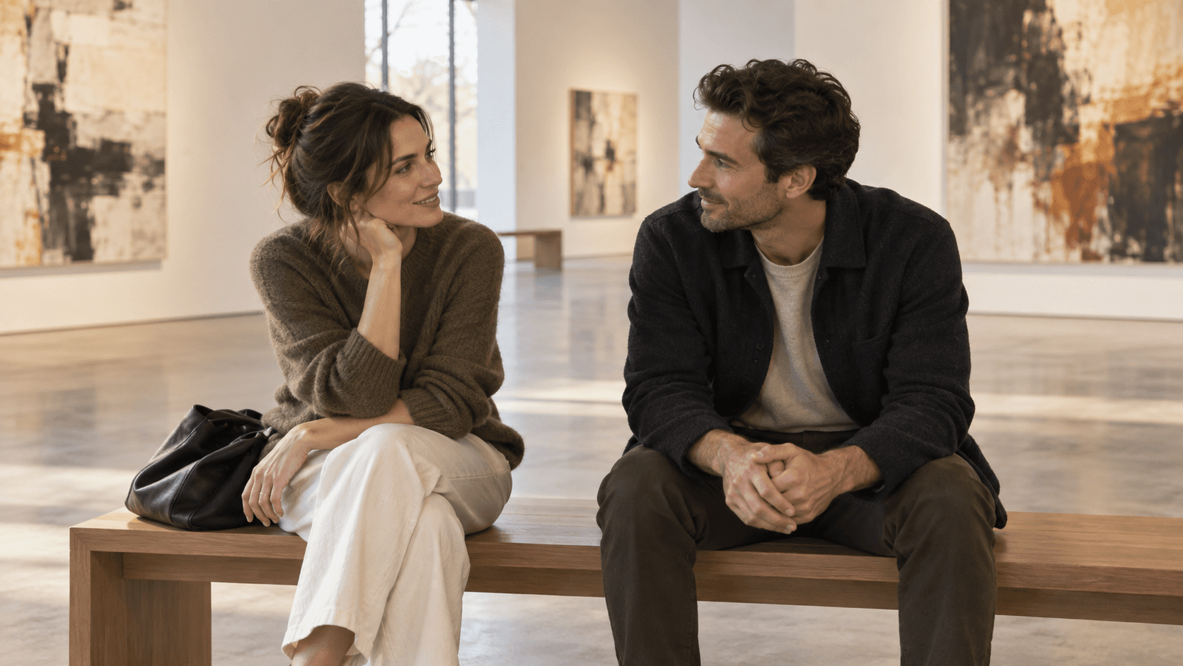 Couple sharing warm eye contact during a relaxed conversation in an art gallery