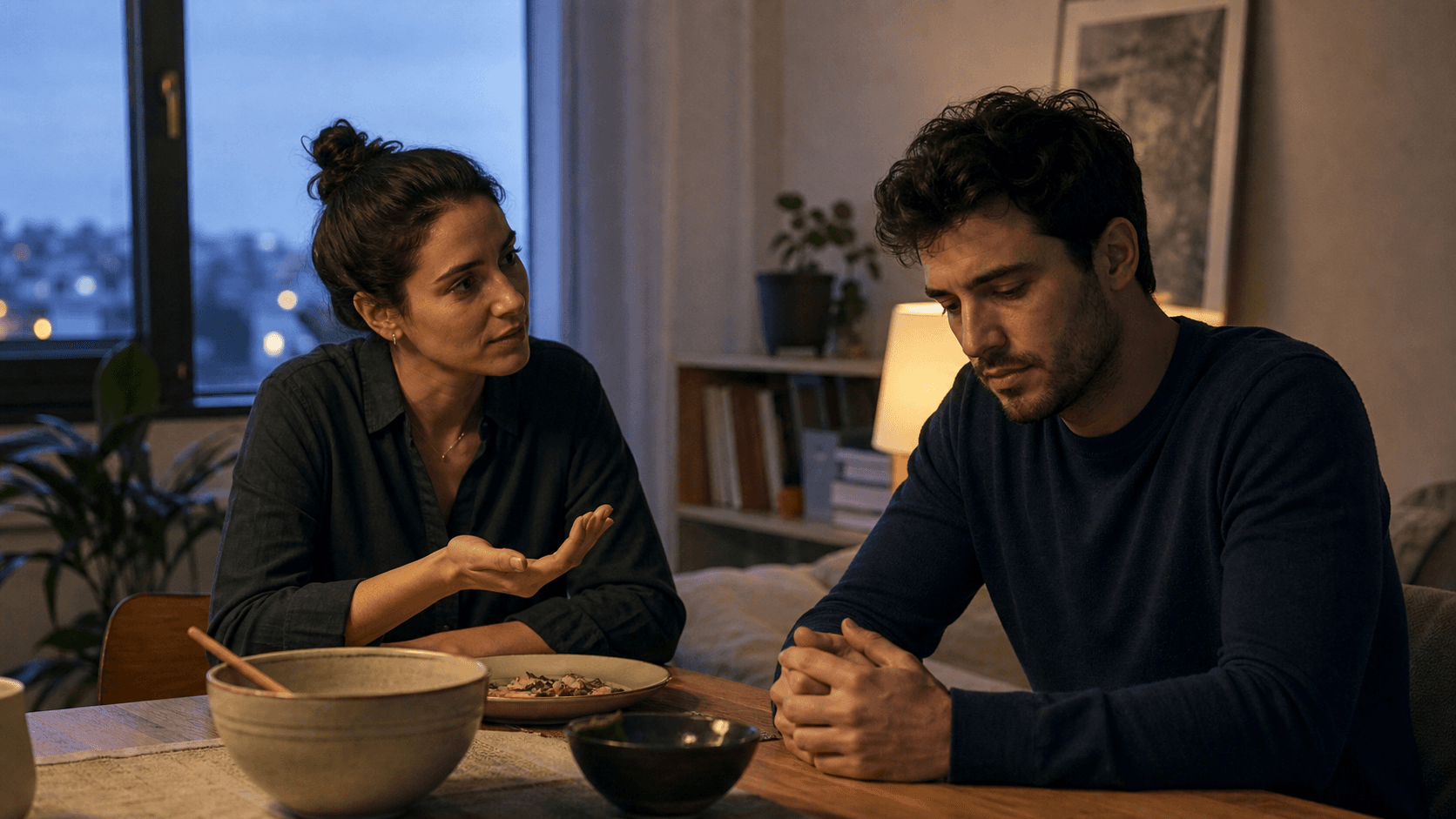 A caring woman attempts an honest evening conversation while a conflicted man remains emotionally guarded at the table.